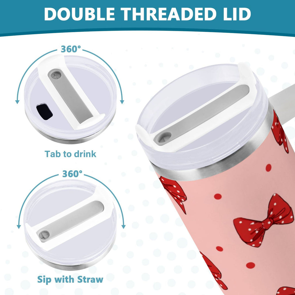 40 oz Insulated Stainless Steel Tumbler Double Wall Stainless Steel Tumbler with 2-Way Drinking Red Bows and Polka Dots M531W