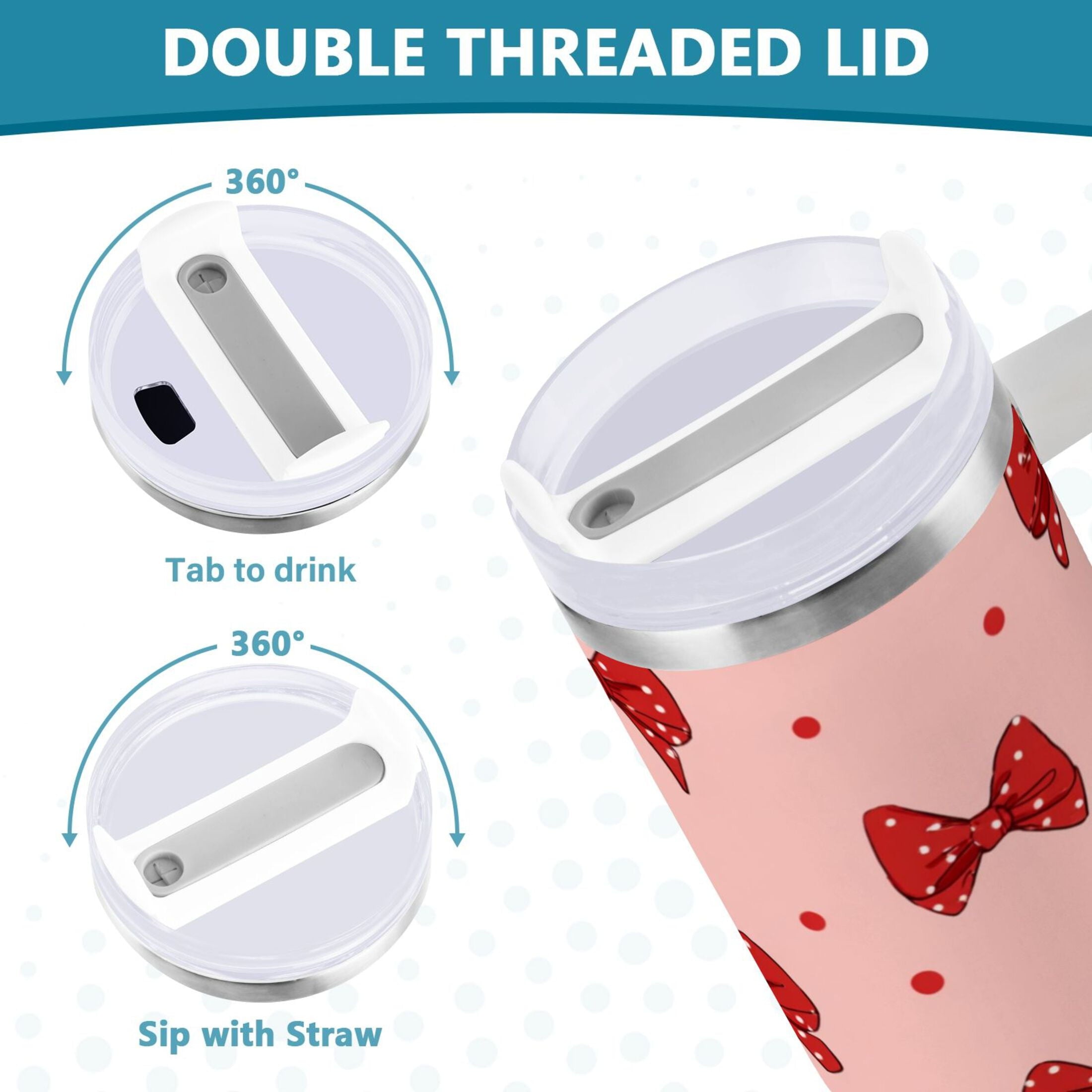 40 oz Insulated Stainless Steel Tumbler Double Wall Stainless Steel Tumbler with 2-Way Drinking Red Bows and Polka Dots M531W