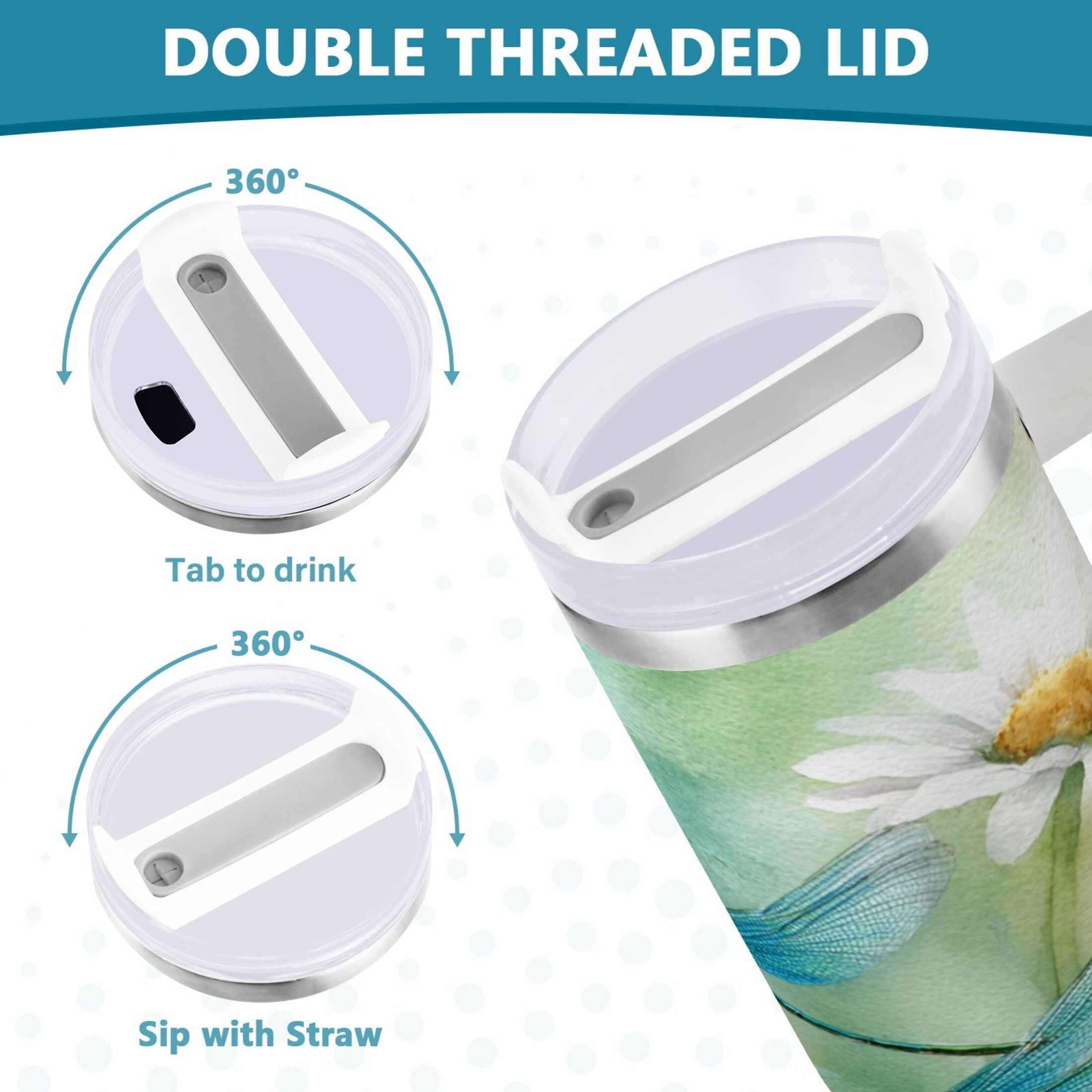 30 oz Insulated Stainless Steel Tumbler Double Wall Stainless Steel Tumbler with 2-Way Drinking Beautiful Dragonflies and Daisies M638D