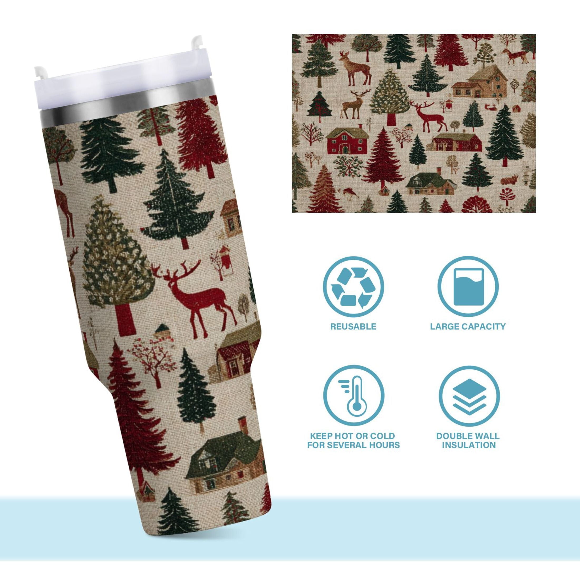 30 oz Insulated Stainless Steel Tumbler Double Wall Stainless Steel Tumbler with 2-Way Drinking Christmas Trees Deer and Houses M577Y