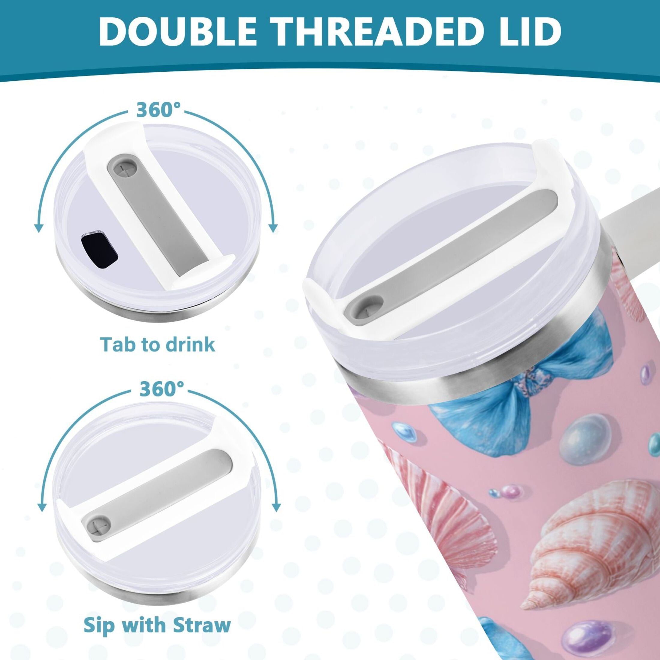 30 oz Insulated Stainless Steel Tumbler Double Wall Stainless Steel Tumbler with 2-Way Drinking Seashells and Bows M519V