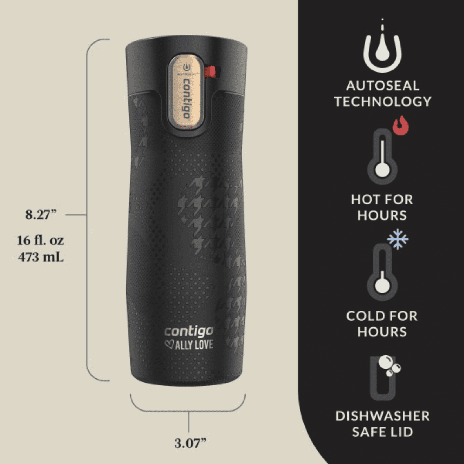 Contigo x Ally Love Autoseal West Loop Vacuum-Insulated Stainless Steel Travel Mug with Easy-Clean Lid, 16 oz, Stellar Jay M28H