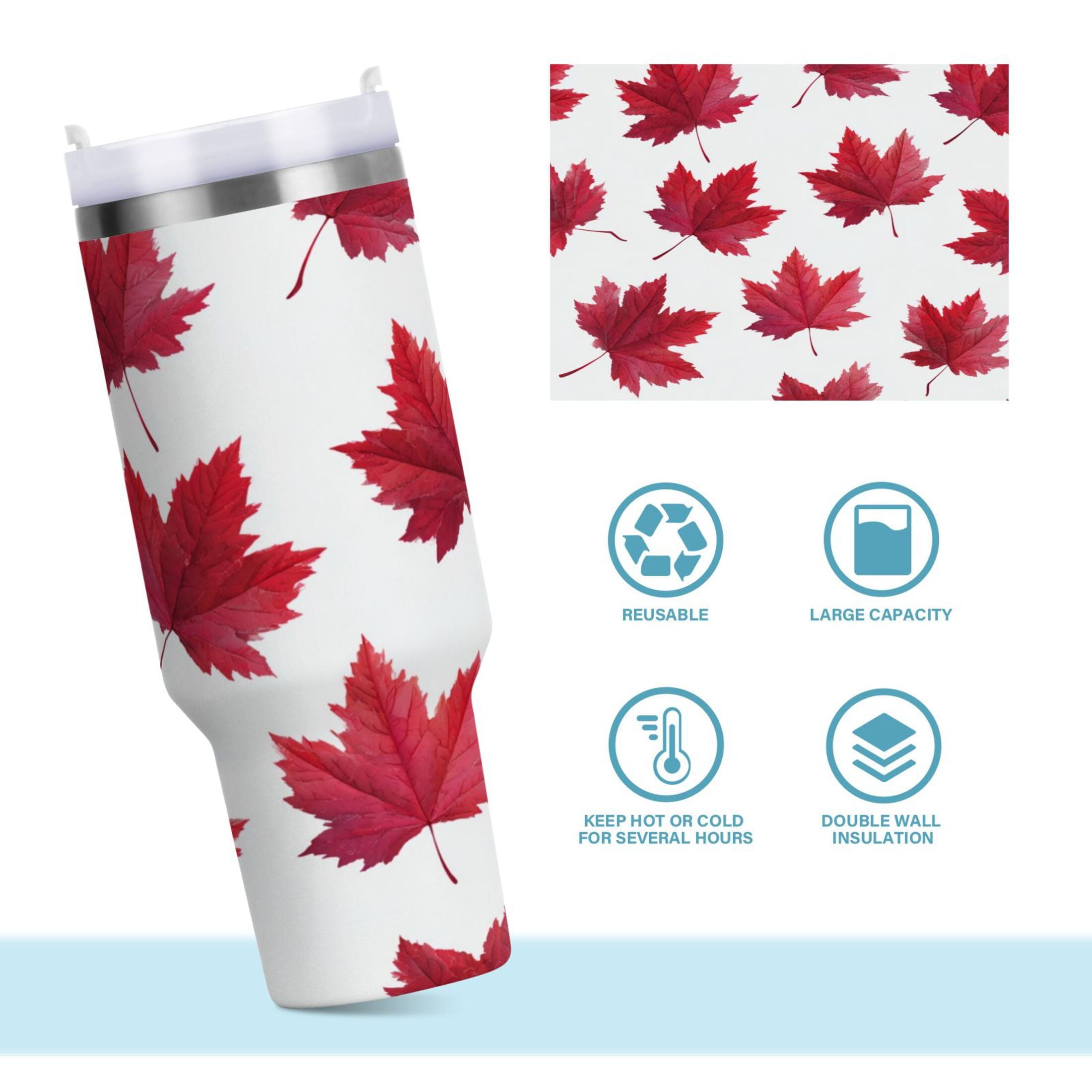30 oz Insulated Stainless Steel Tumbler Double Wall Stainless Steel Tumbler with 2-Way Drinking Red Maple Leaves M493B