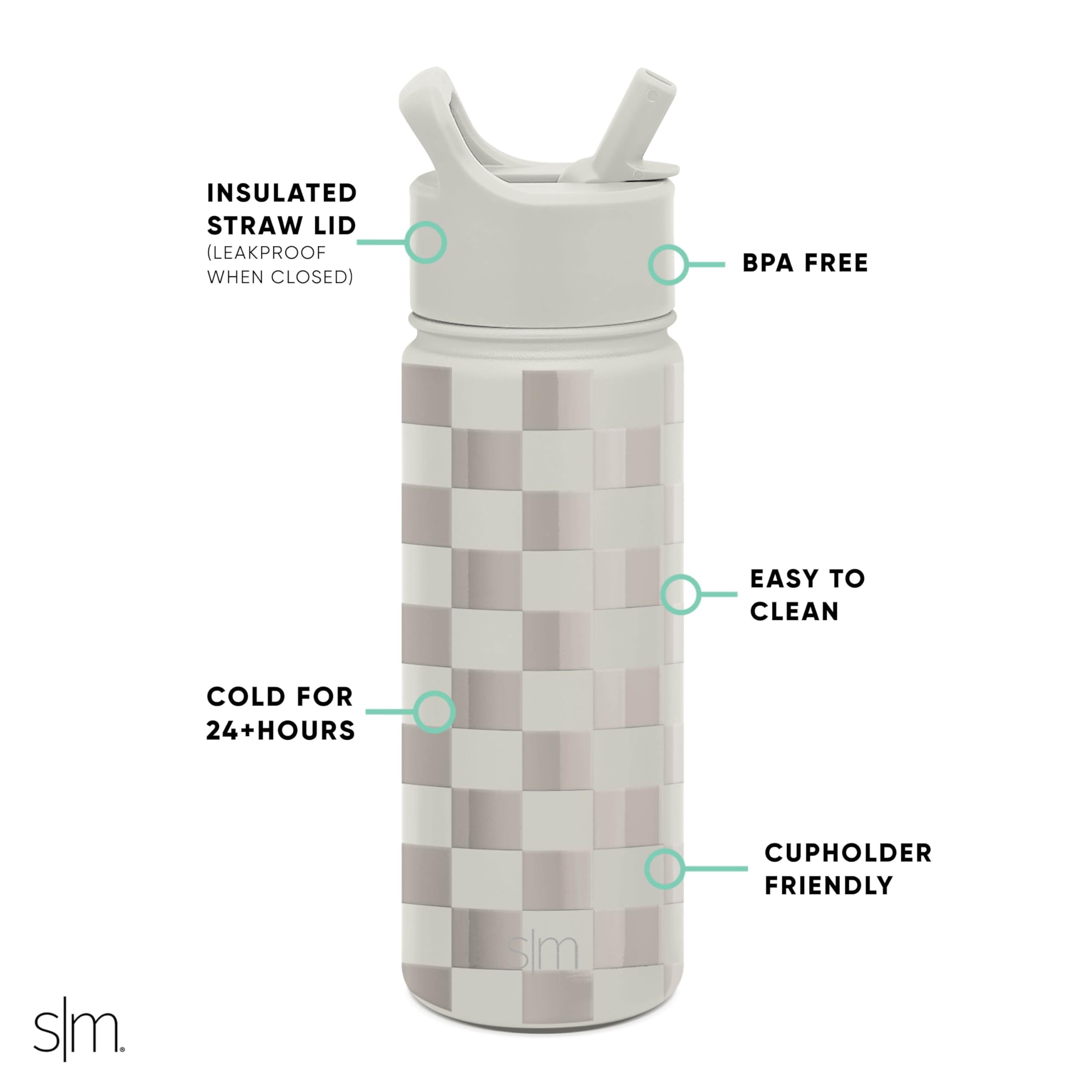 Simple Modern Kids Water Bottle with Straw Lid Vacuum Insulated Stainless Steel Metal Thermos Bottles | Reusable Leak Proof BPA-Free Flask for School | Summit Collection | 18oz, Checkmate M433X