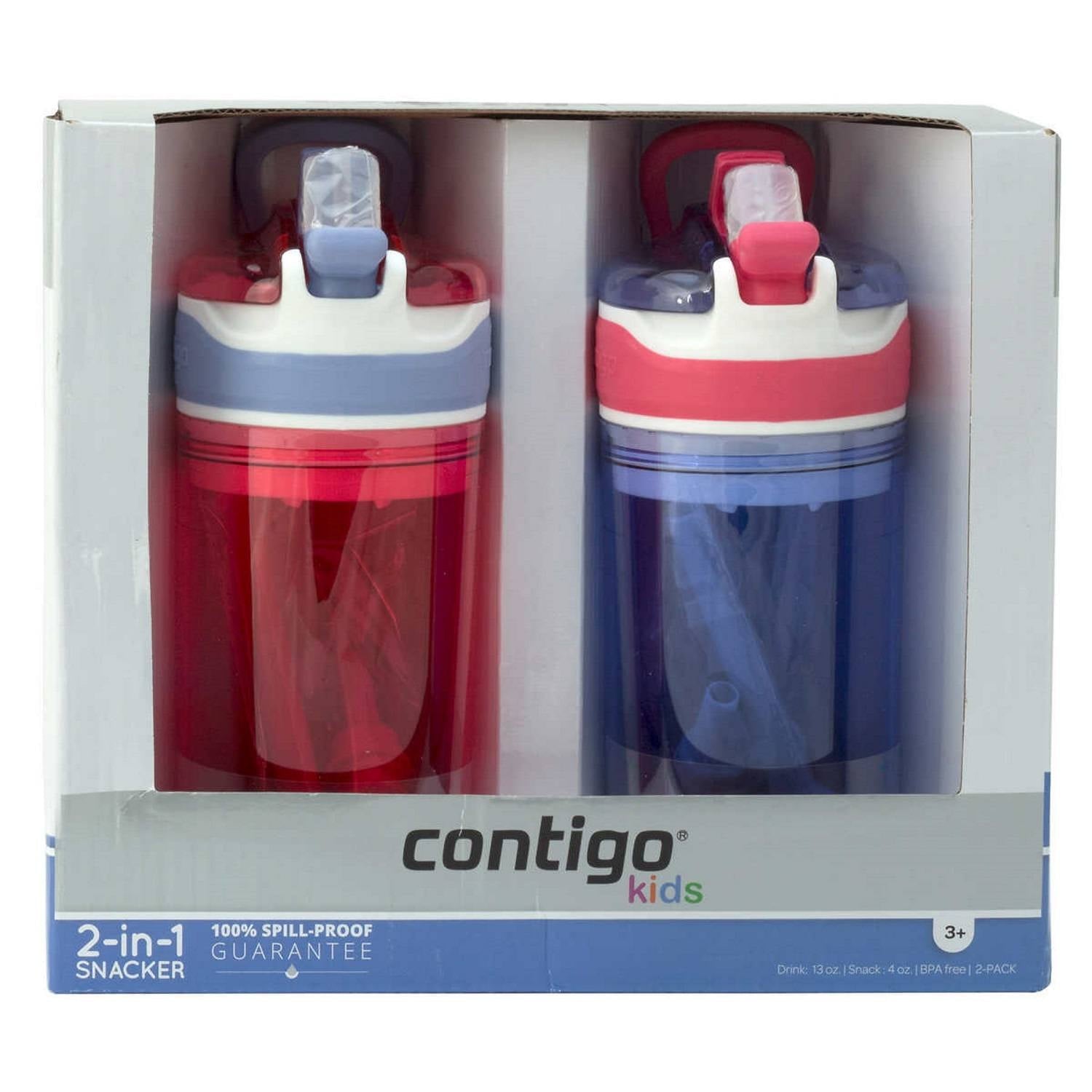 Contigo Kids 2-in-1 Snack Hero Tumbler Featuring 4oz Snack Holder Stacked on Top of 13oz Water Bottle - BPA Free, Durable Tritan w/Flexible Carry Handle &amp; Spill-Proof Valve, Purple &amp; Pink – 2 Pack M40S