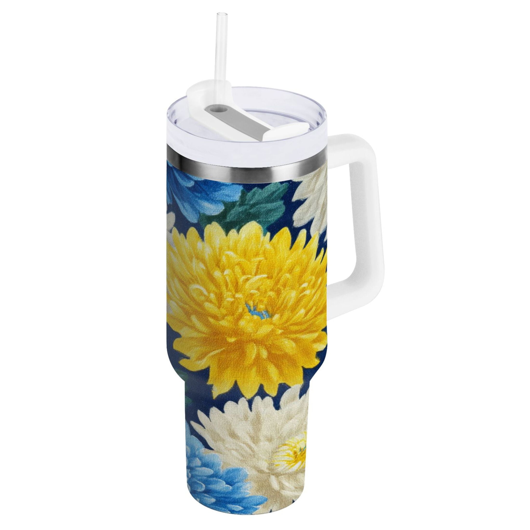 30 oz Insulated Stainless Steel Tumbler Double Wall Stainless Steel Tumbler with 2-Way Drinking Yellow and White Chrysanthemum M469Y