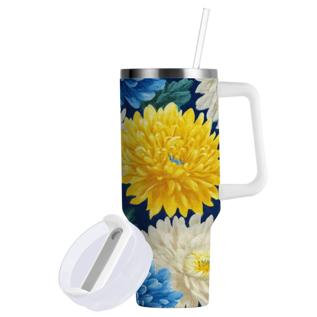 30 oz Insulated Stainless Steel Tumbler Double Wall Stainless Steel Tumbler with 2-Way Drinking Yellow and White Chrysanthemum M469Y