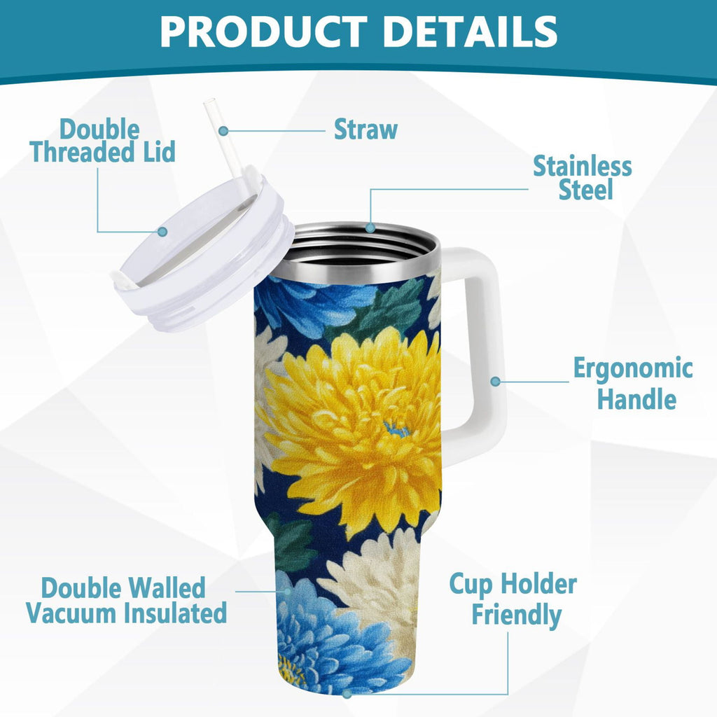 30 oz Insulated Stainless Steel Tumbler Double Wall Stainless Steel Tumbler with 2-Way Drinking Yellow and White Chrysanthemum M469Y