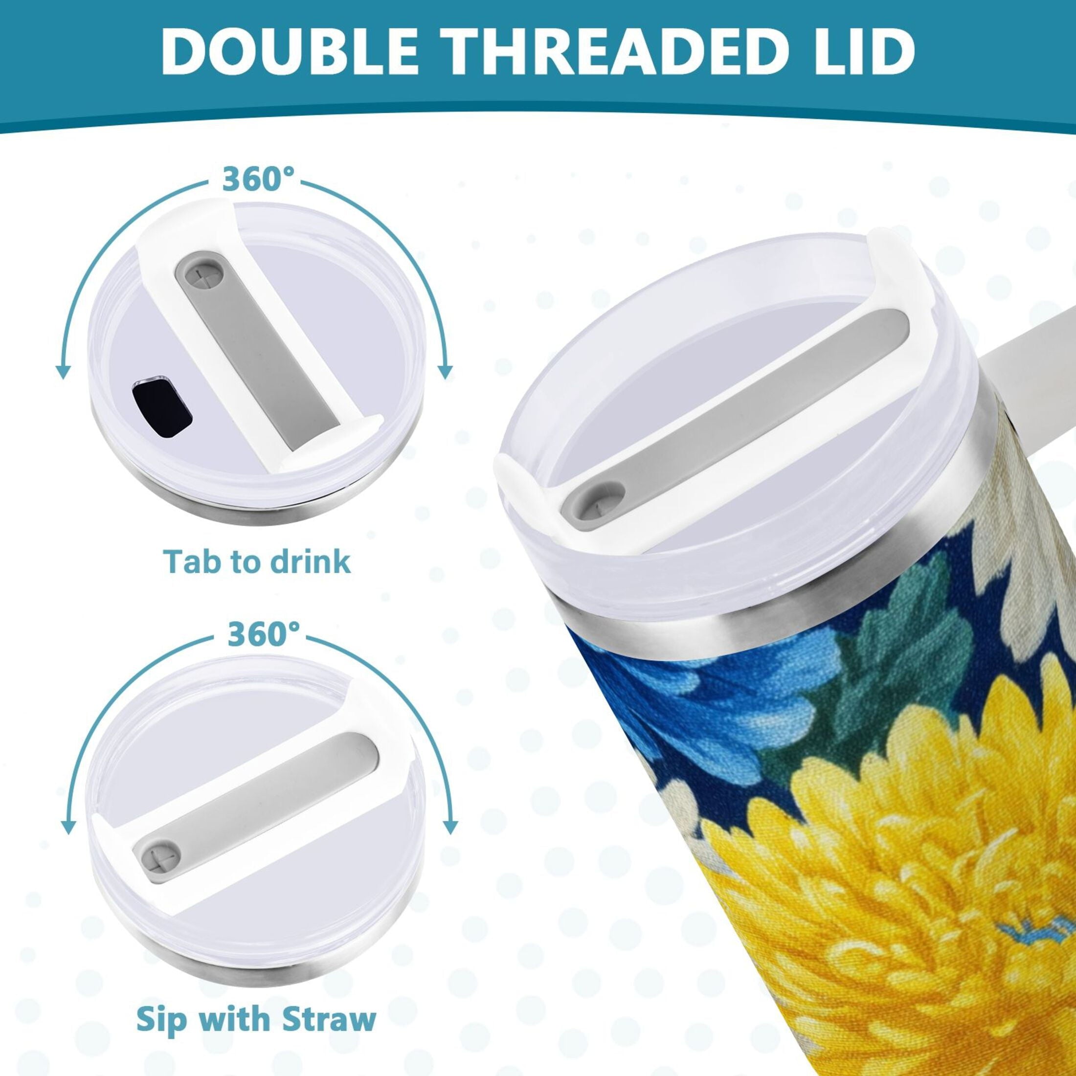 30 oz Insulated Stainless Steel Tumbler Double Wall Stainless Steel Tumbler with 2-Way Drinking Yellow and White Chrysanthemum M469Y