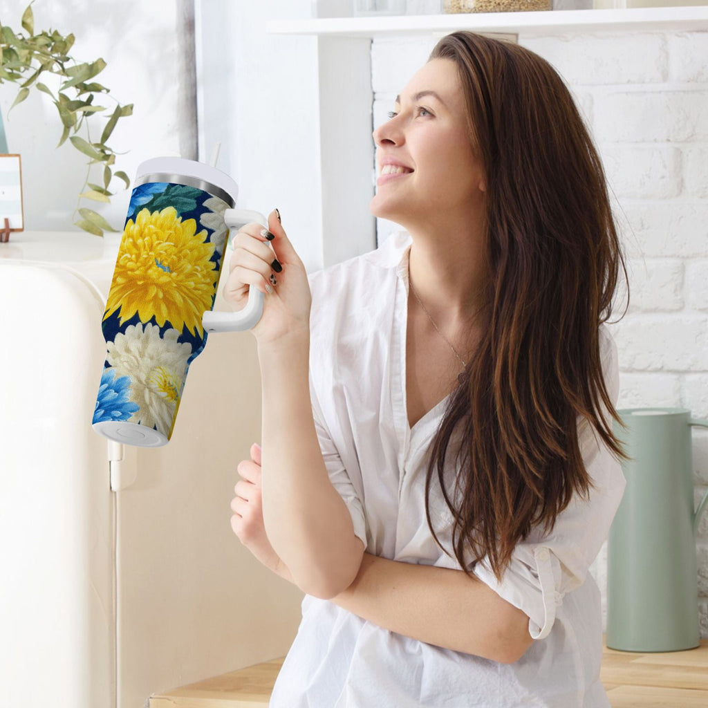 30 oz Insulated Stainless Steel Tumbler Double Wall Stainless Steel Tumbler with 2-Way Drinking Yellow and White Chrysanthemum M469Y