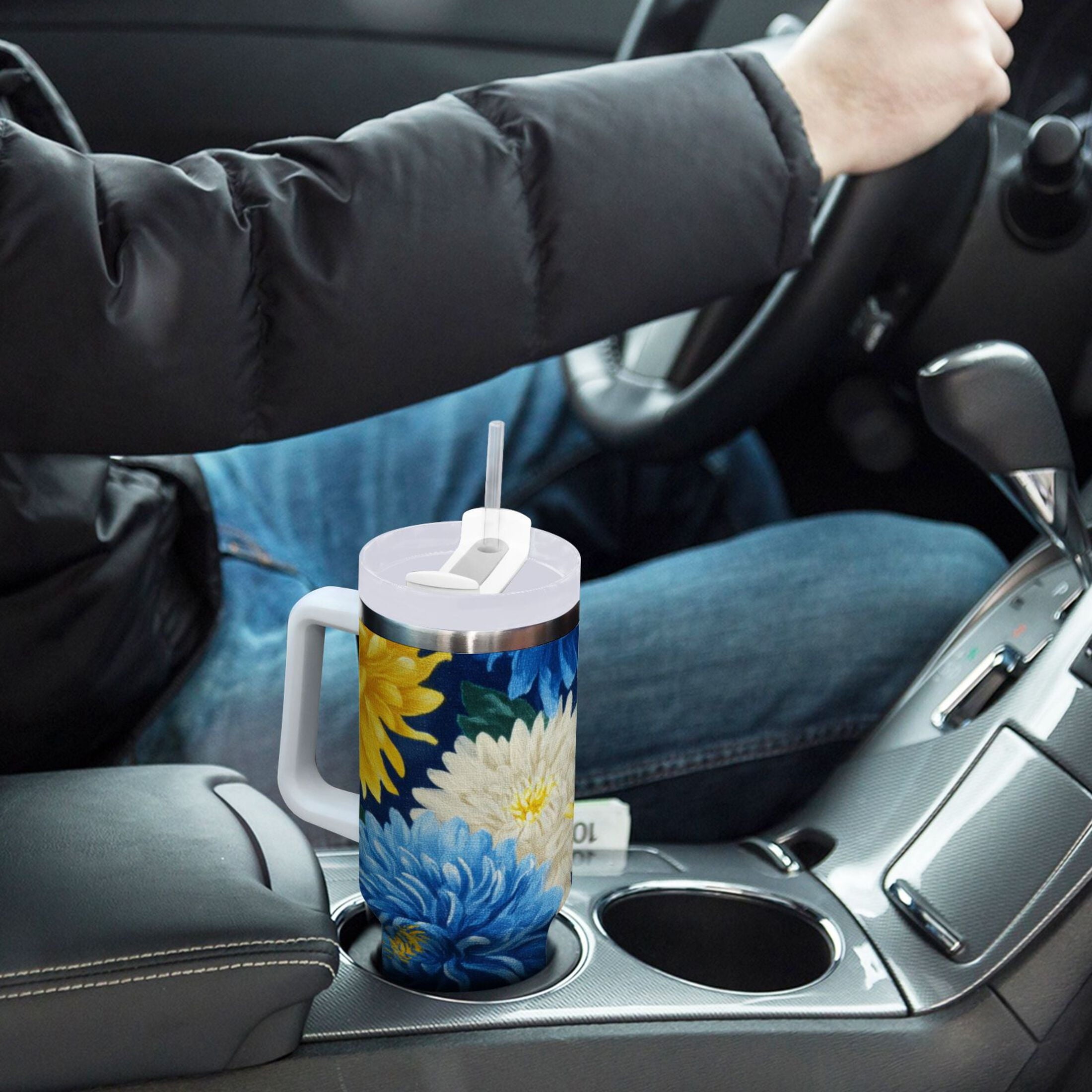 30 oz Insulated Stainless Steel Tumbler Double Wall Stainless Steel Tumbler with 2-Way Drinking Yellow and White Chrysanthemum M469Y