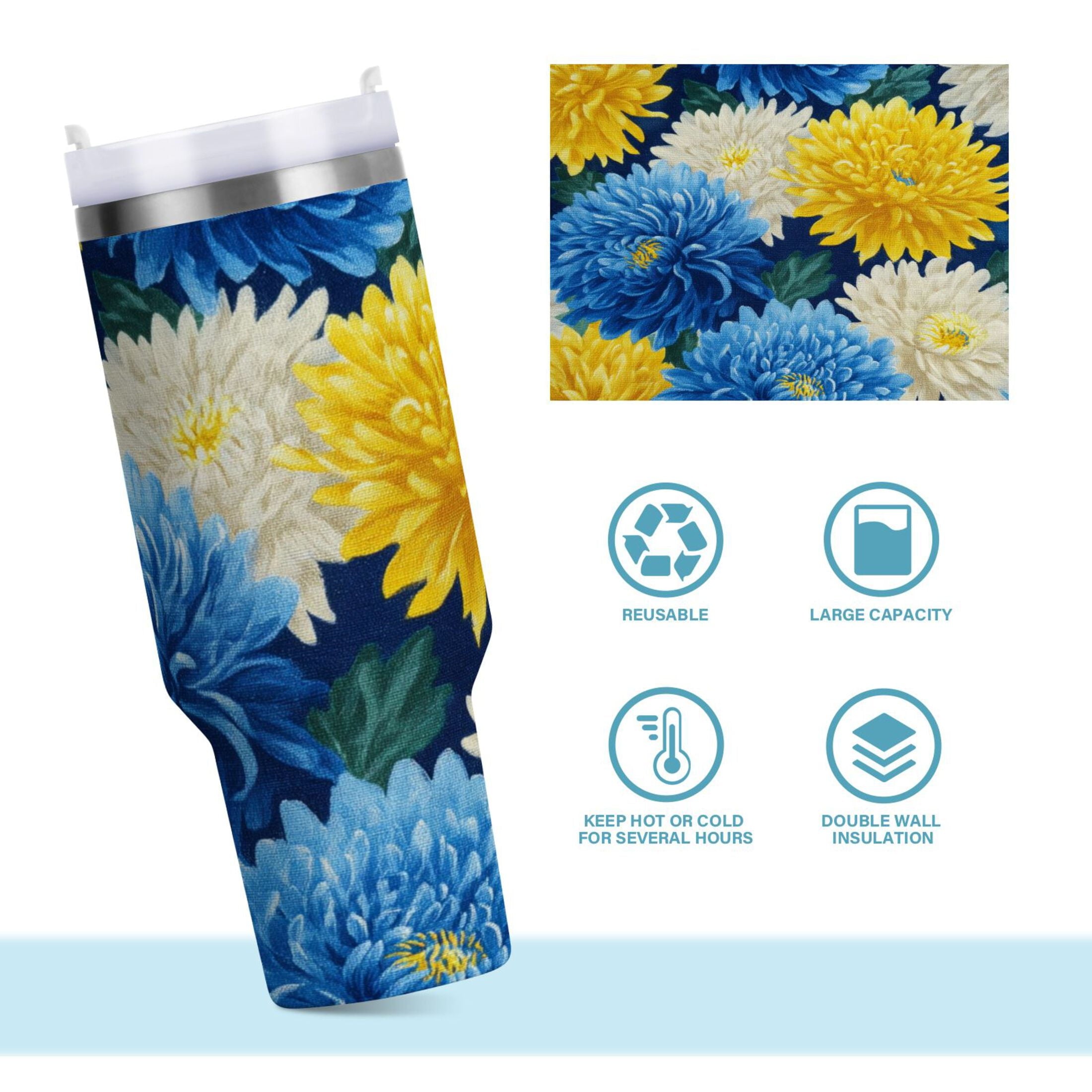 30 oz Insulated Stainless Steel Tumbler Double Wall Stainless Steel Tumbler with 2-Way Drinking Yellow and White Chrysanthemum M469Y