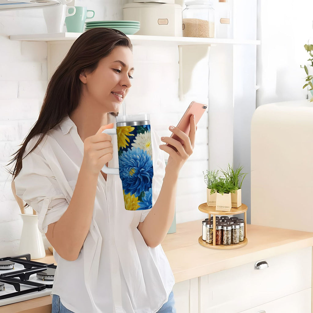 30 oz Insulated Stainless Steel Tumbler Double Wall Stainless Steel Tumbler with 2-Way Drinking Yellow and White Chrysanthemum M469Y