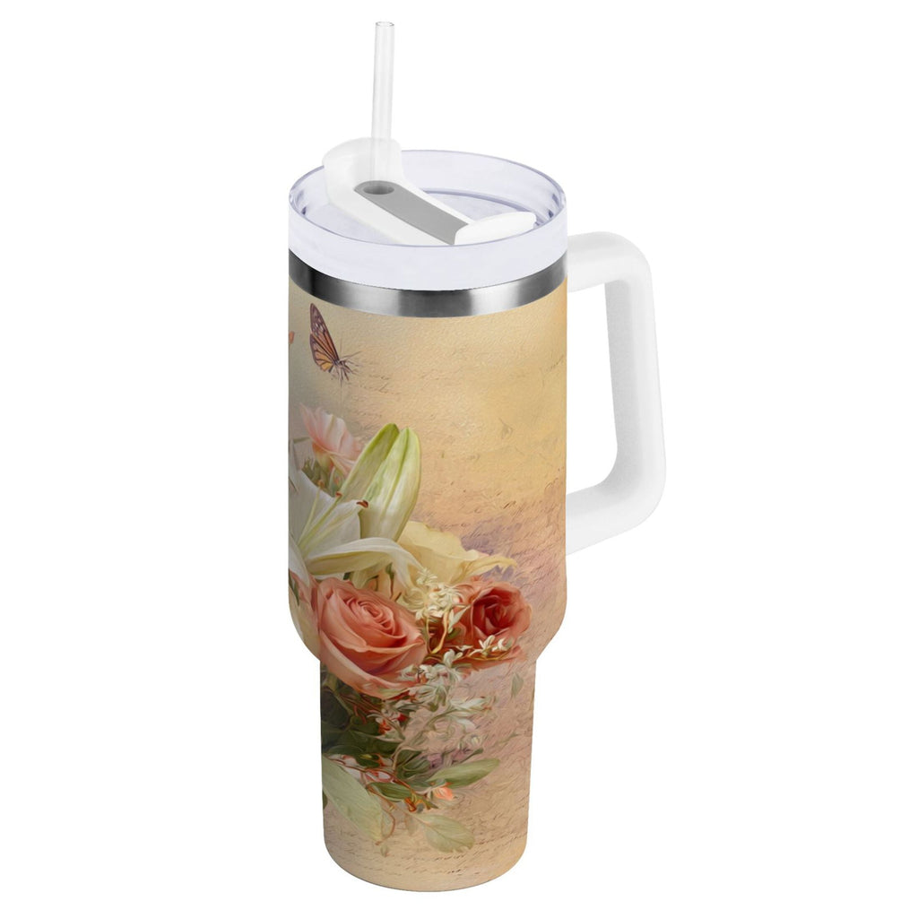 30 oz Insulated Stainless Steel Tumbler Double Wall Stainless Steel Tumbler with 2-Way Drinking Beautiful Floral Bouquet M477V