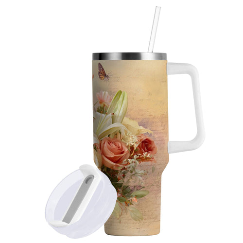 30 oz Insulated Stainless Steel Tumbler Double Wall Stainless Steel Tumbler with 2-Way Drinking Beautiful Floral Bouquet M477V