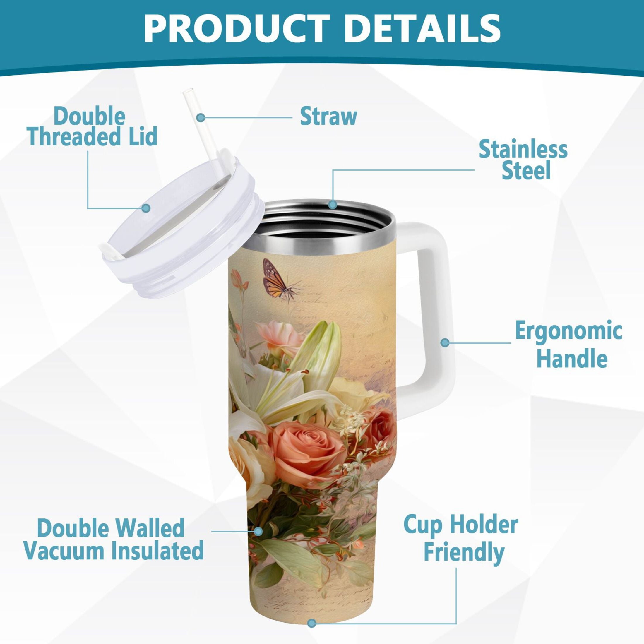 30 oz Insulated Stainless Steel Tumbler Double Wall Stainless Steel Tumbler with 2-Way Drinking Beautiful Floral Bouquet M477V