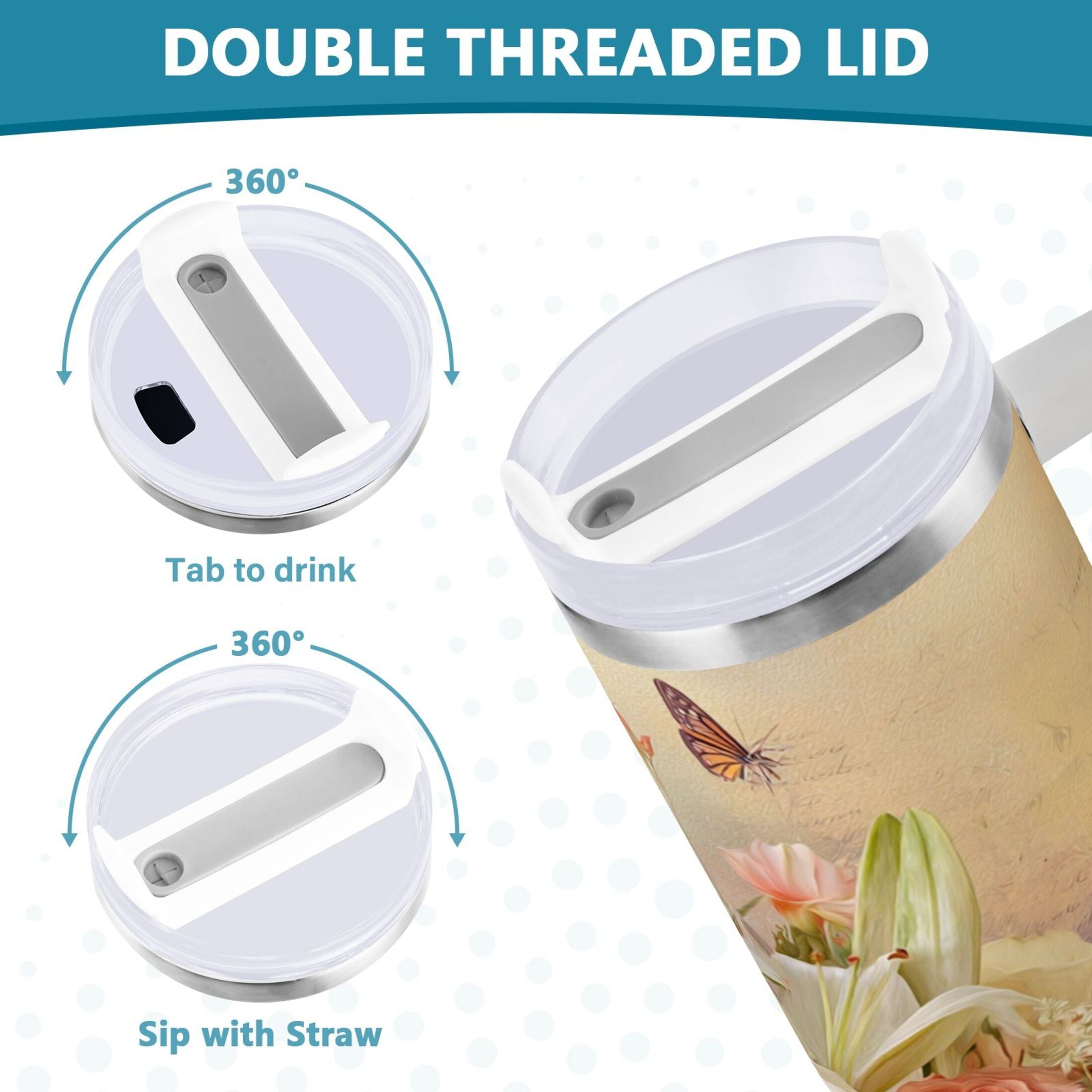 30 oz Insulated Stainless Steel Tumbler Double Wall Stainless Steel Tumbler with 2-Way Drinking Beautiful Floral Bouquet M477V