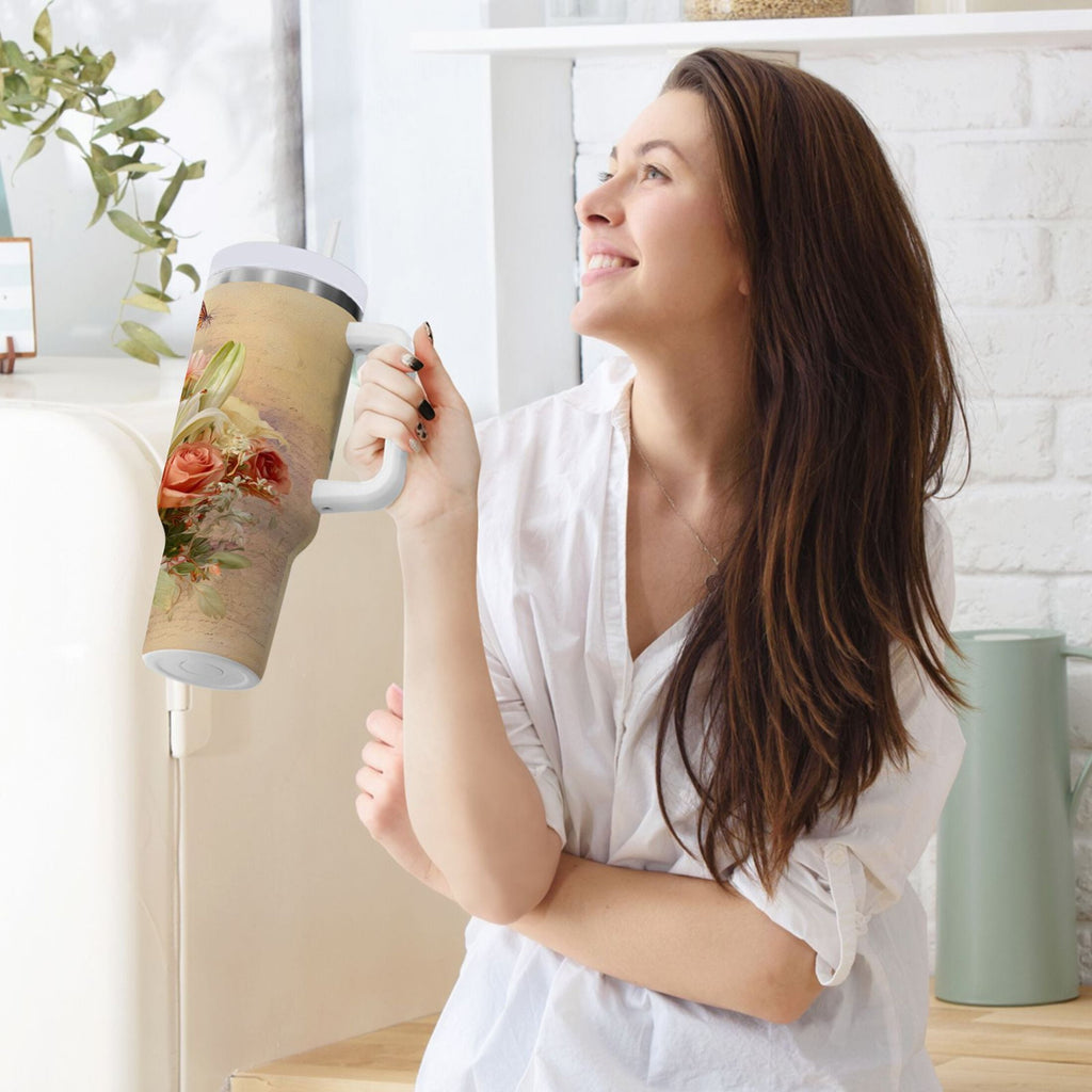 30 oz Insulated Stainless Steel Tumbler Double Wall Stainless Steel Tumbler with 2-Way Drinking Beautiful Floral Bouquet M477V