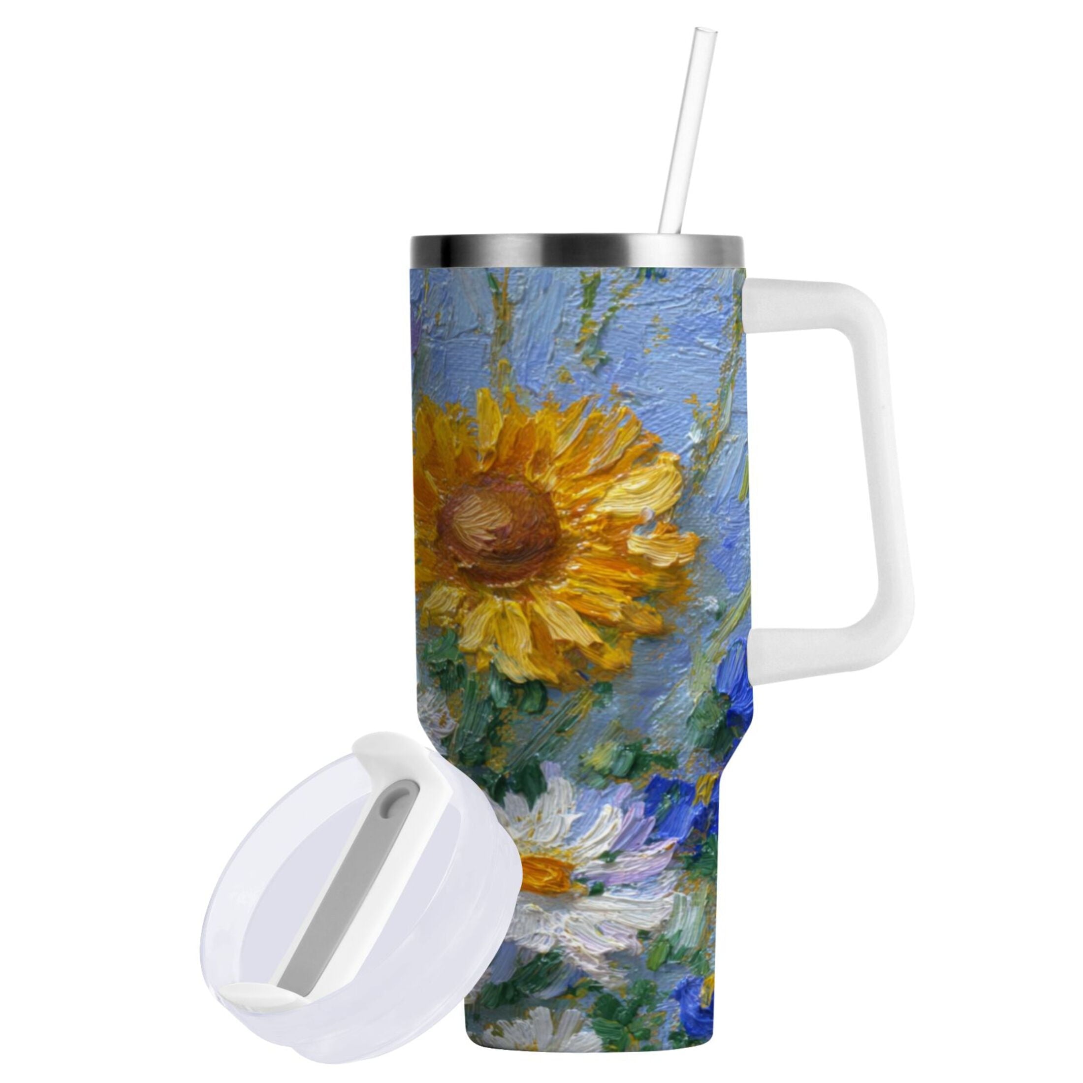 40 oz Insulated Stainless Steel Tumbler Double Wall Stainless Steel Tumbler with 2-Way Drinking Sunflowers and Daisies M464C