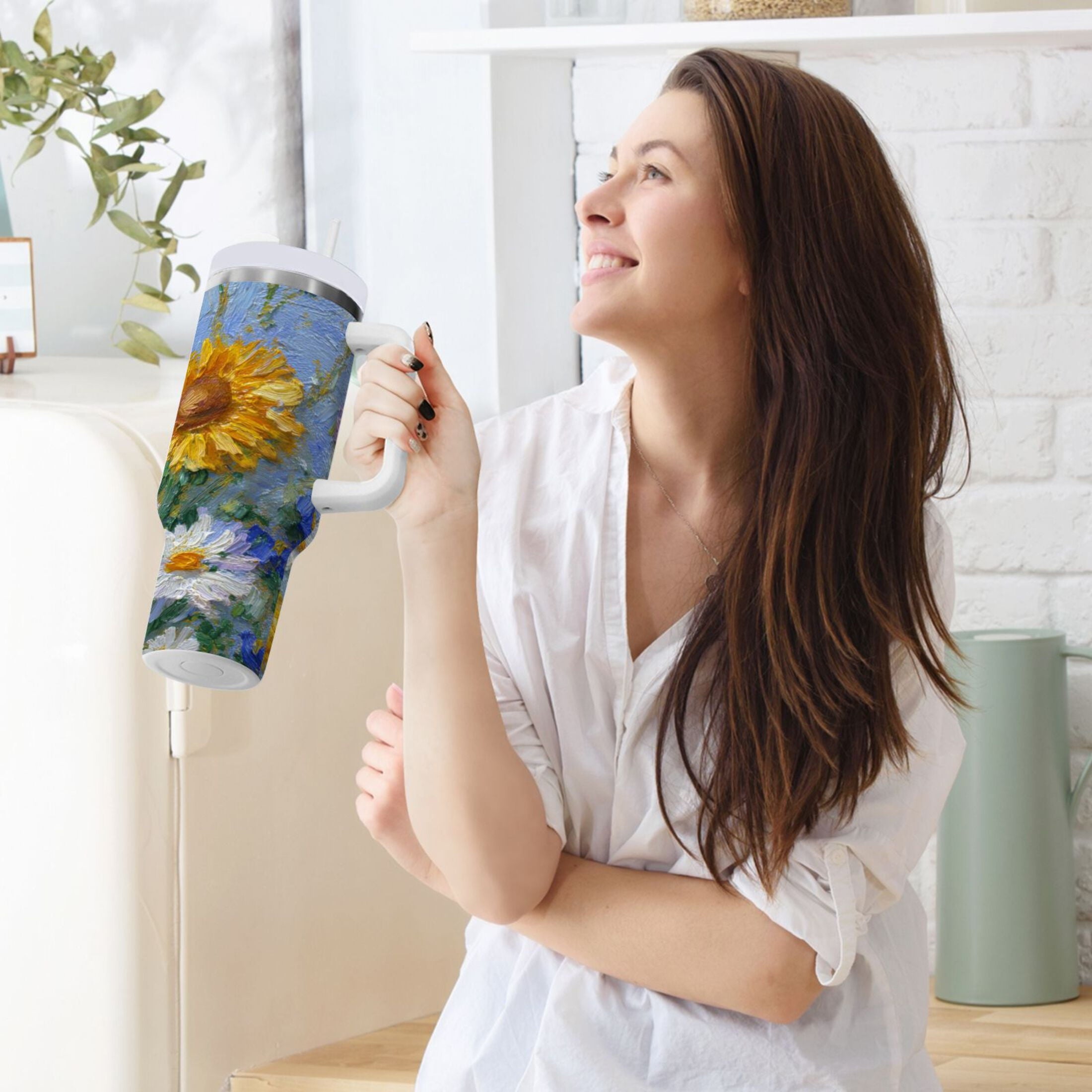 40 oz Insulated Stainless Steel Tumbler Double Wall Stainless Steel Tumbler with 2-Way Drinking Sunflowers and Daisies M464C