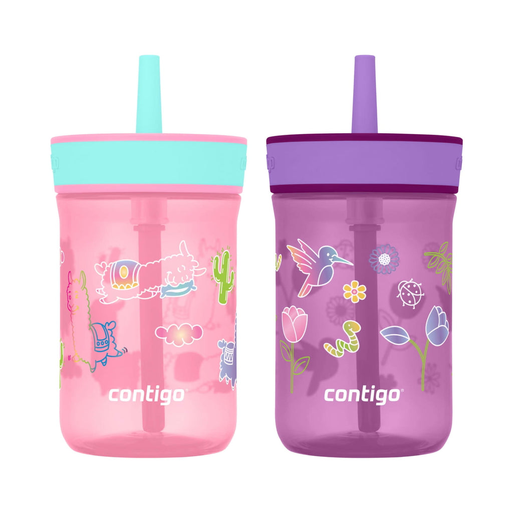 Contigo Kids Leighton Spill-Proof Tumbler with Straw, Ages 3+, Pink and Purple, 14 oz, 2 Pack M109R