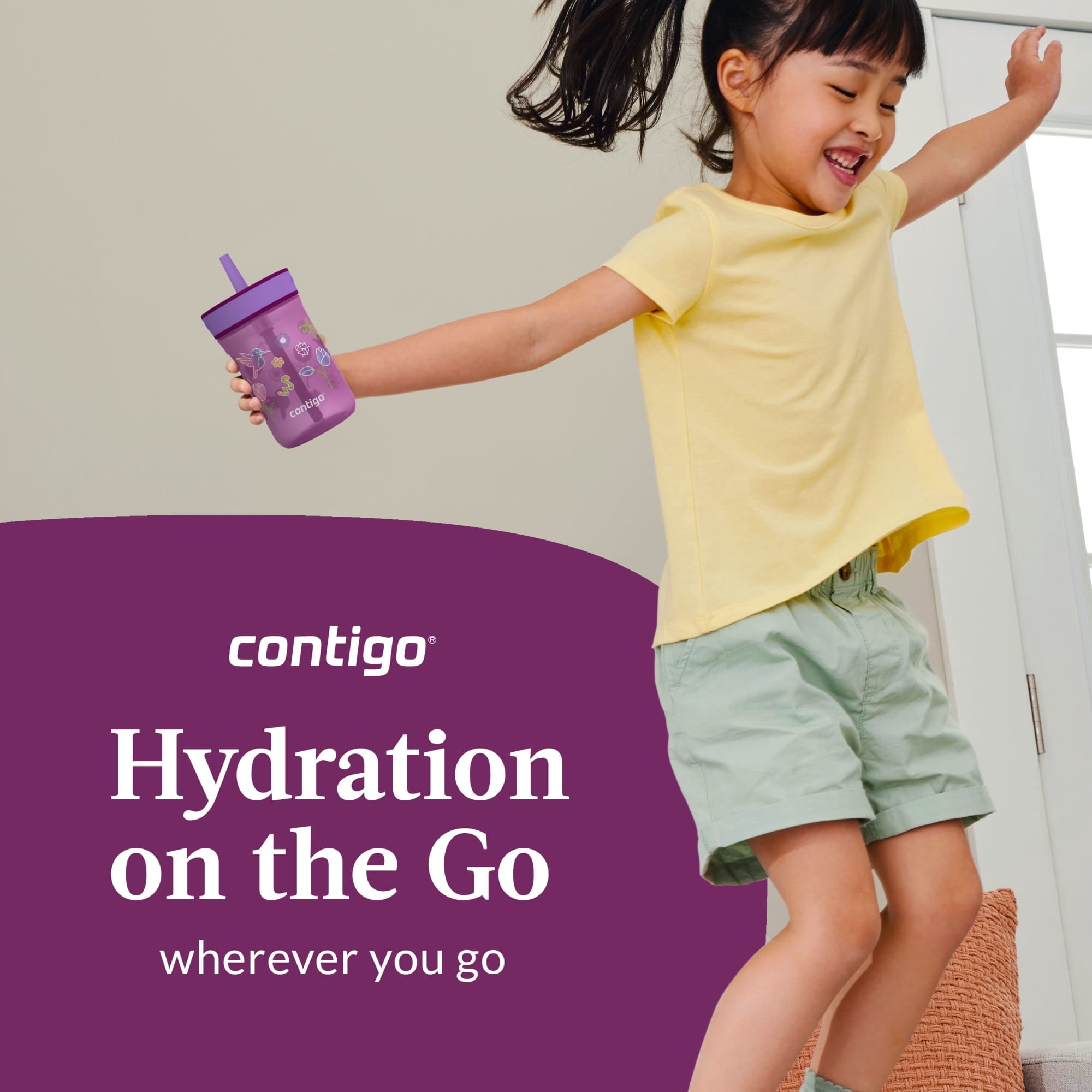 Contigo Kids Leighton Spill-Proof Tumbler with Straw, Ages 3+, Pink and Purple, 14 oz, 2 Pack M109R