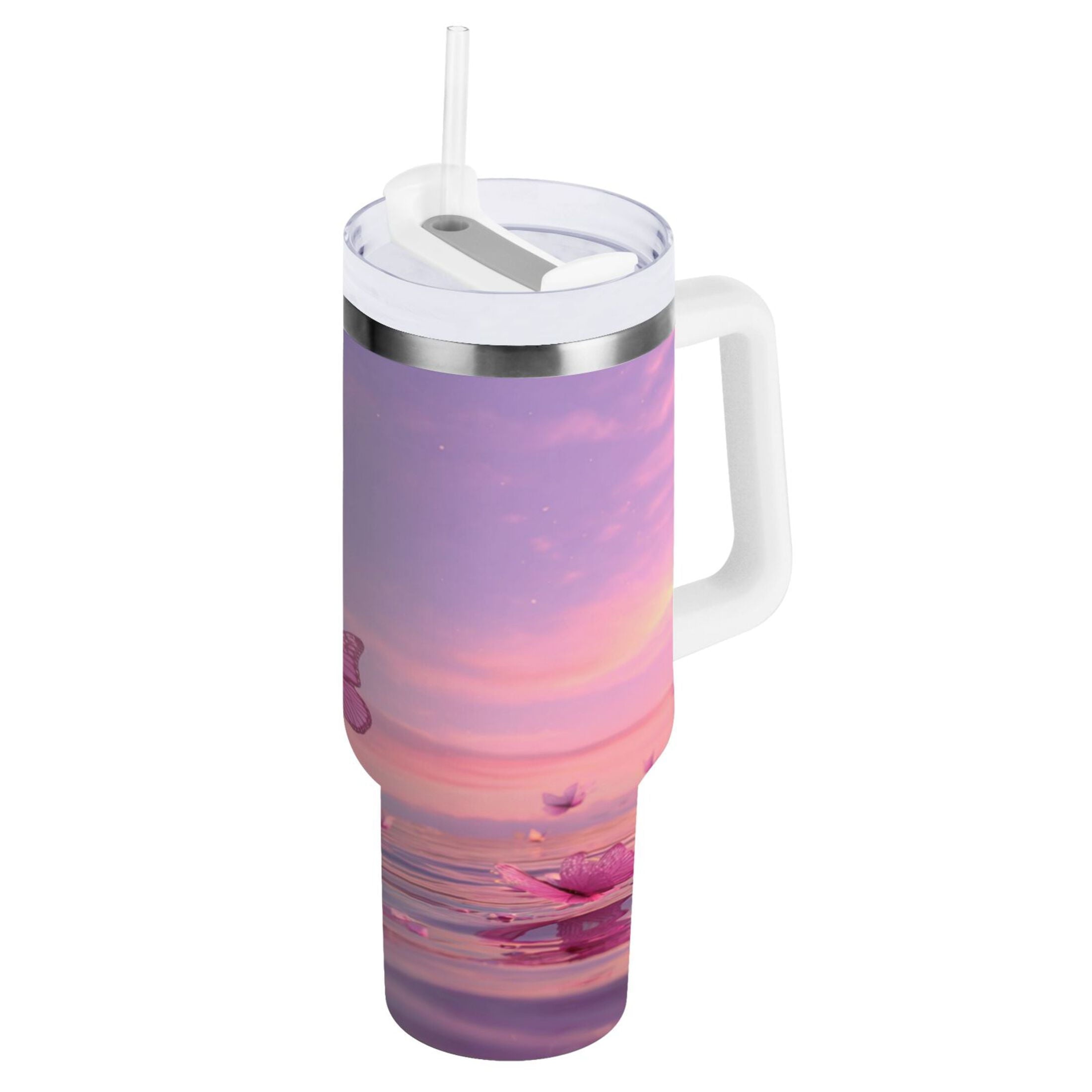 30 oz Insulated Stainless Steel Tumbler Double Wall Stainless Steel Tumbler with 2-Way Drinking Pink Butterflies Flying M492D