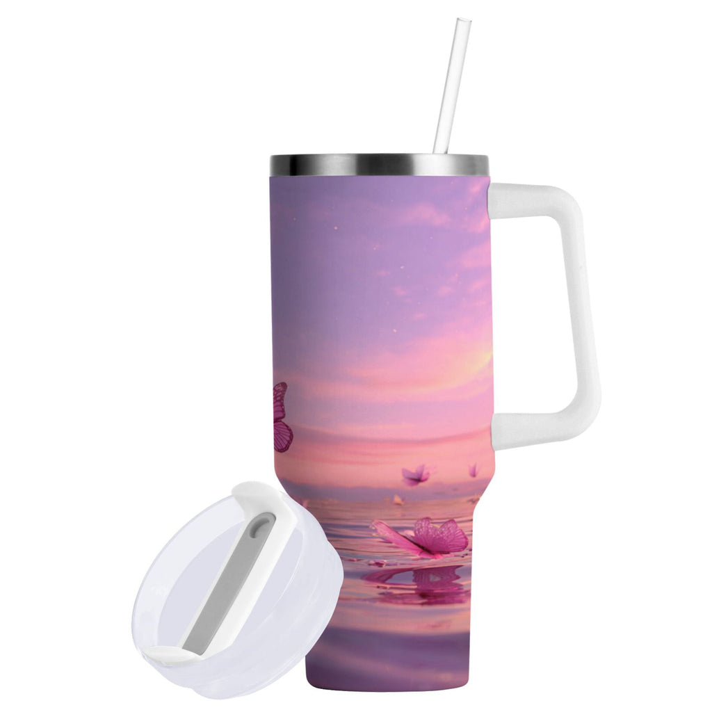 30 oz Insulated Stainless Steel Tumbler Double Wall Stainless Steel Tumbler with 2-Way Drinking Pink Butterflies Flying M492D