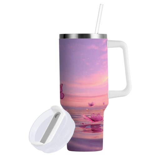 30 oz Insulated Stainless Steel Tumbler Double Wall Stainless Steel Tumbler with 2-Way Drinking Pink Butterflies Flying M492D