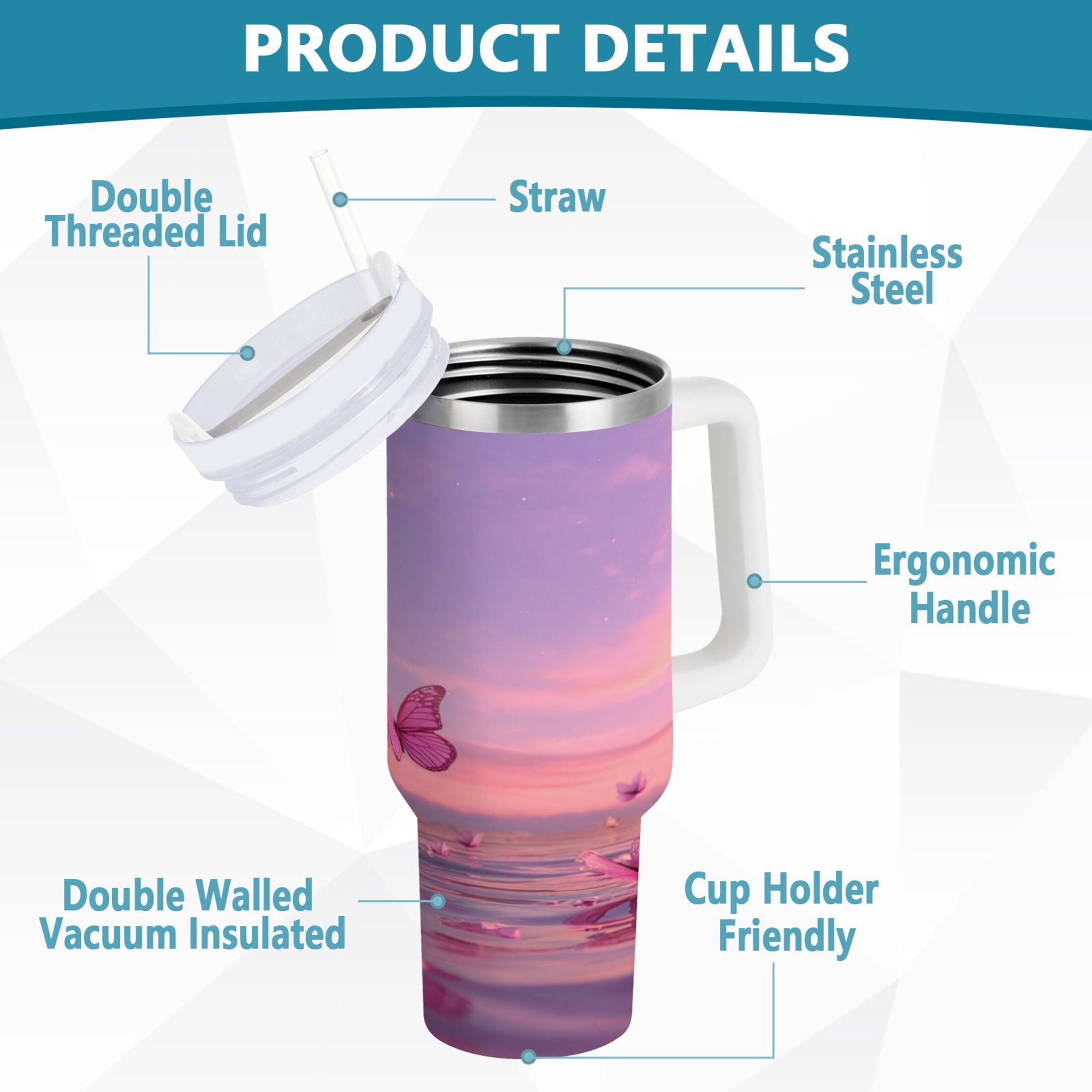 30 oz Insulated Stainless Steel Tumbler Double Wall Stainless Steel Tumbler with 2-Way Drinking Pink Butterflies Flying M492D
