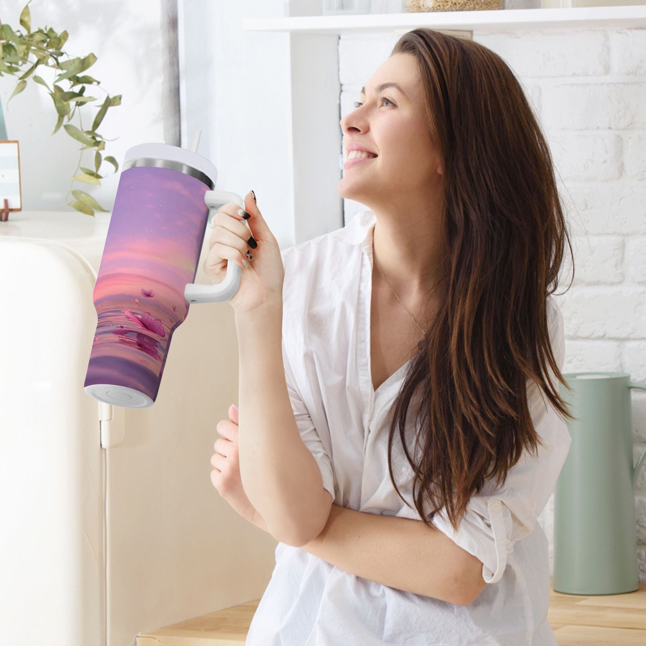 30 oz Insulated Stainless Steel Tumbler Double Wall Stainless Steel Tumbler with 2-Way Drinking Pink Butterflies Flying M492D