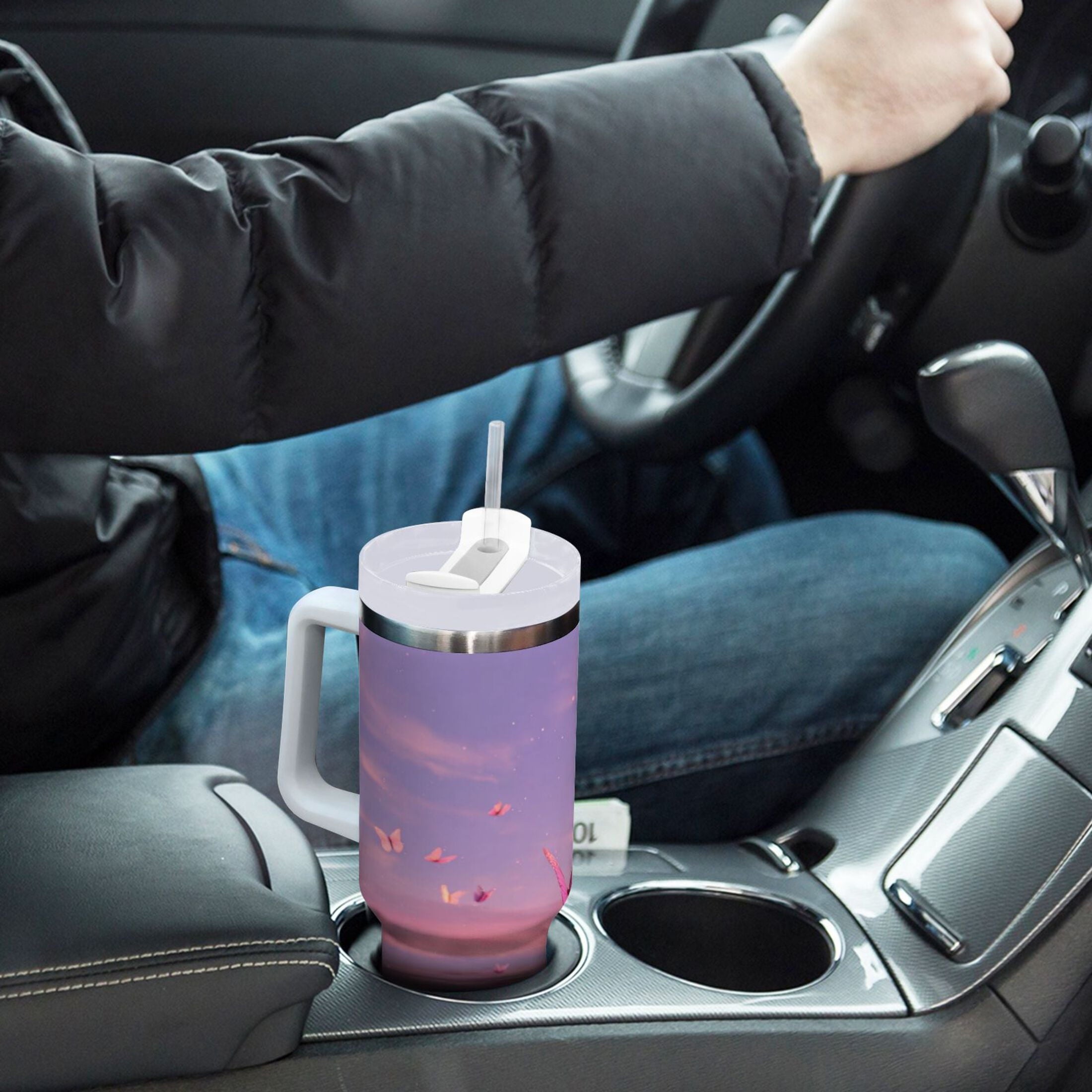 30 oz Insulated Stainless Steel Tumbler Double Wall Stainless Steel Tumbler with 2-Way Drinking Pink Butterflies Flying M492D
