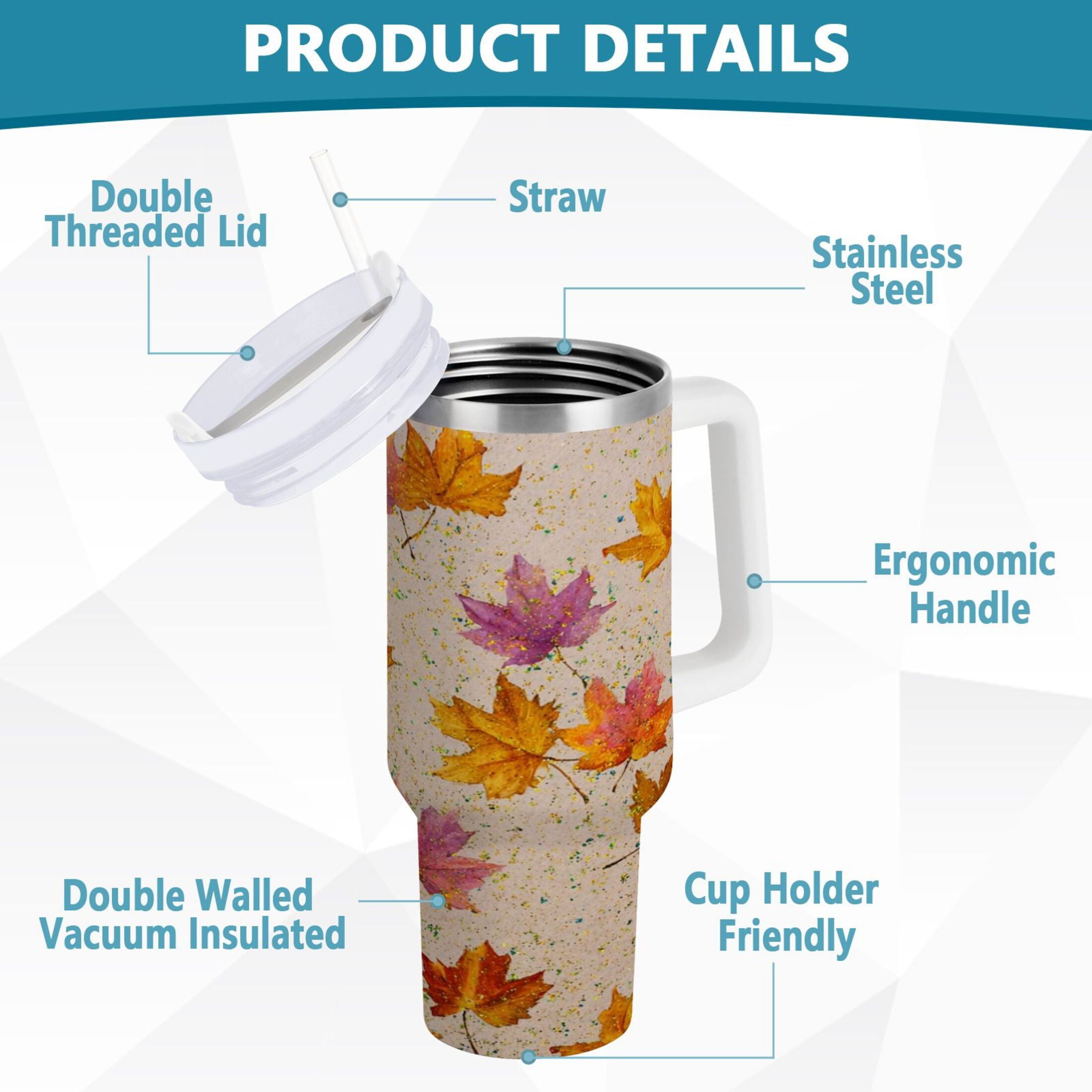 40 oz Insulated Stainless Steel Tumbler Double Wall Stainless Steel Tumbler with 2-Way Drinking Colored Autumn Leaves M452Q