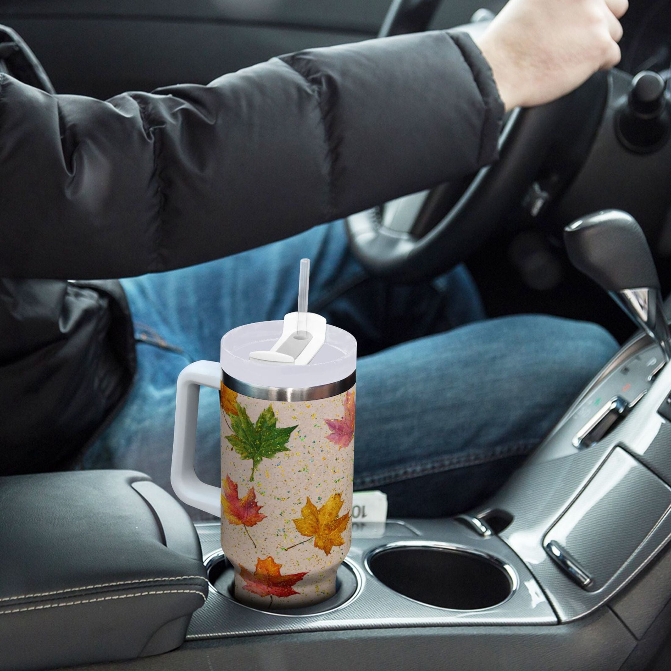40 oz Insulated Stainless Steel Tumbler Double Wall Stainless Steel Tumbler with 2-Way Drinking Colored Autumn Leaves M452Q