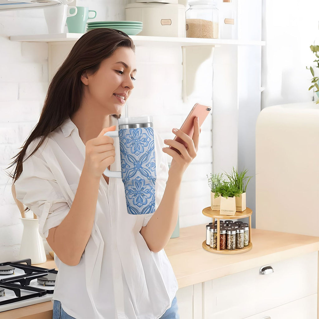 30 oz Insulated Stainless Steel Tumbler Double Wall Stainless Steel Tumbler with 2-Way Drinking Blue Elegant Geometric Design M623G