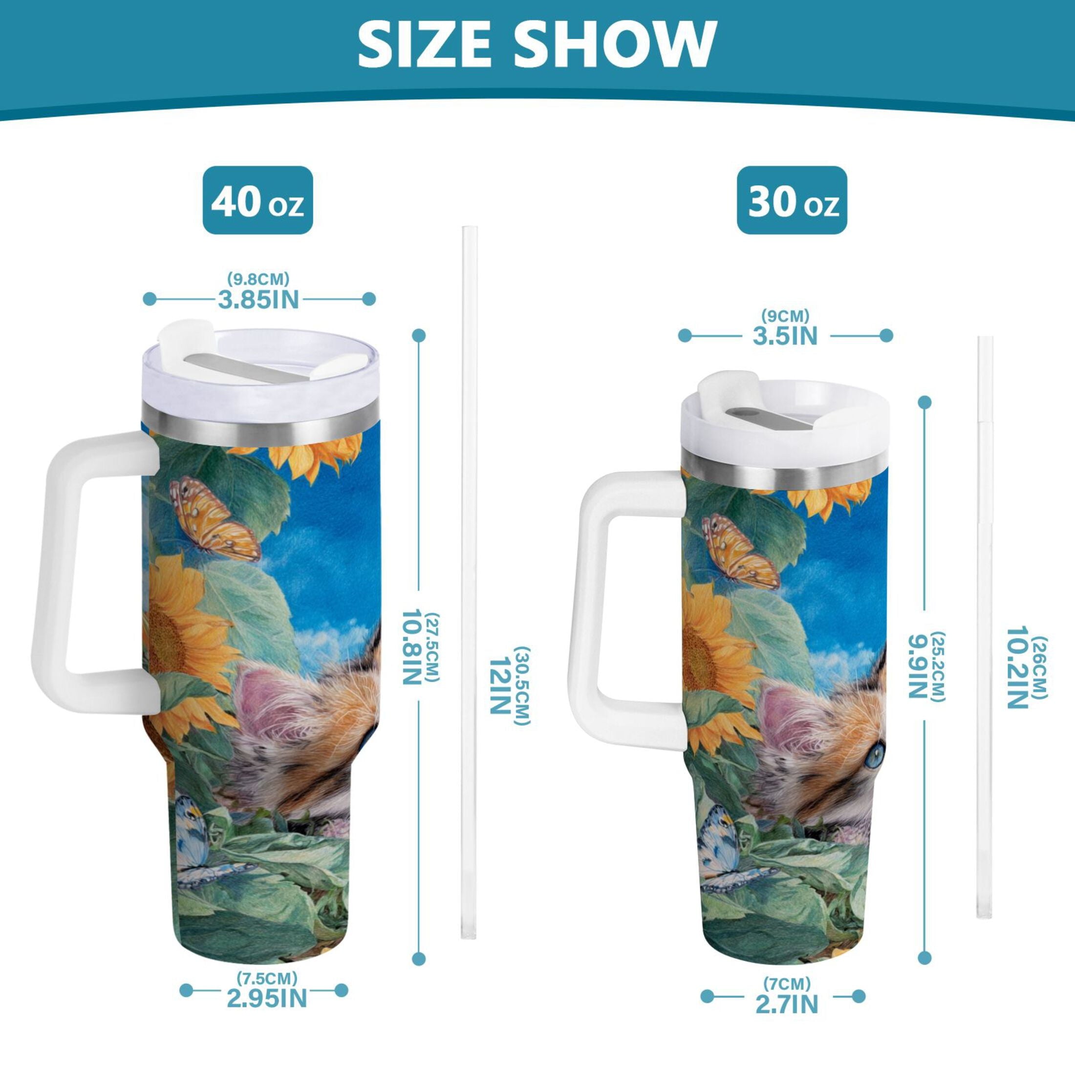 40 oz Insulated Stainless Steel Tumbler Double Wall Stainless Steel Tumbler with 2-Way Drinking Playful Cat Lying Sunflowers M549J