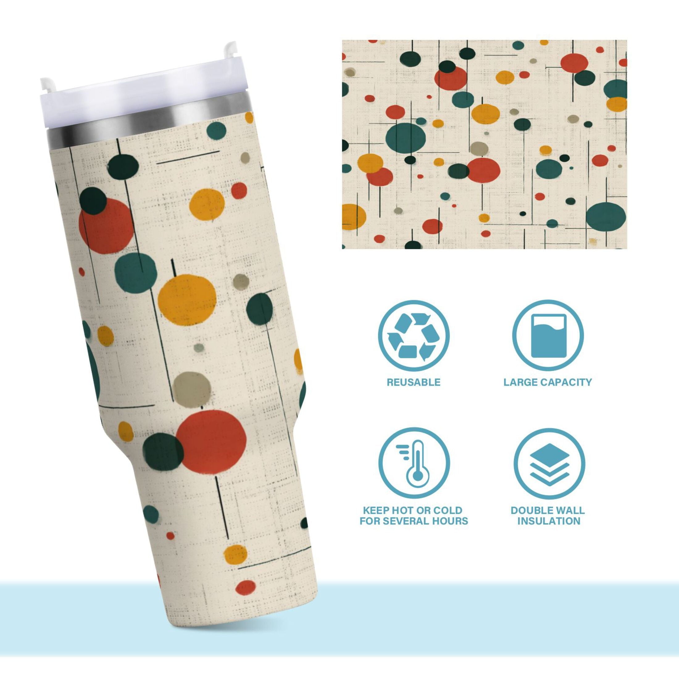 30 oz Insulated Stainless Steel Tumbler Double Wall Stainless Steel Tumbler with 2-Way Drinking Colorful Dots and Lines M646S