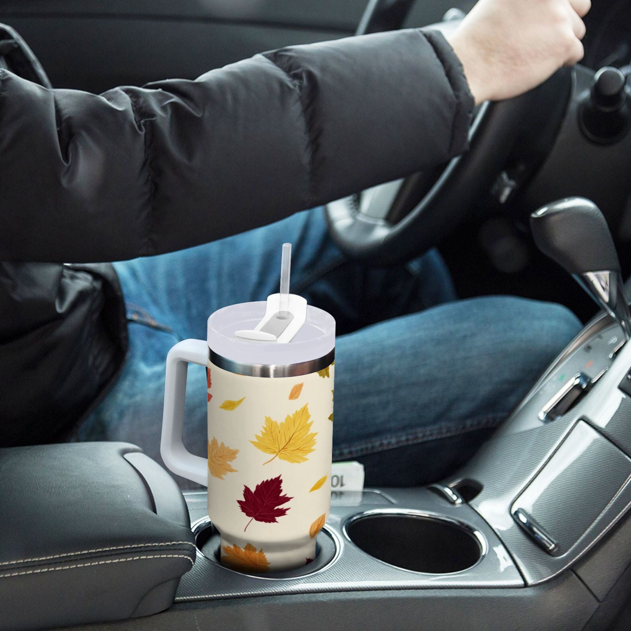 40 oz Insulated Stainless Steel Tumbler Double Wall Stainless Steel Tumbler with 2-Way Drinking Colorful Autumn Leaves Pattern M489G