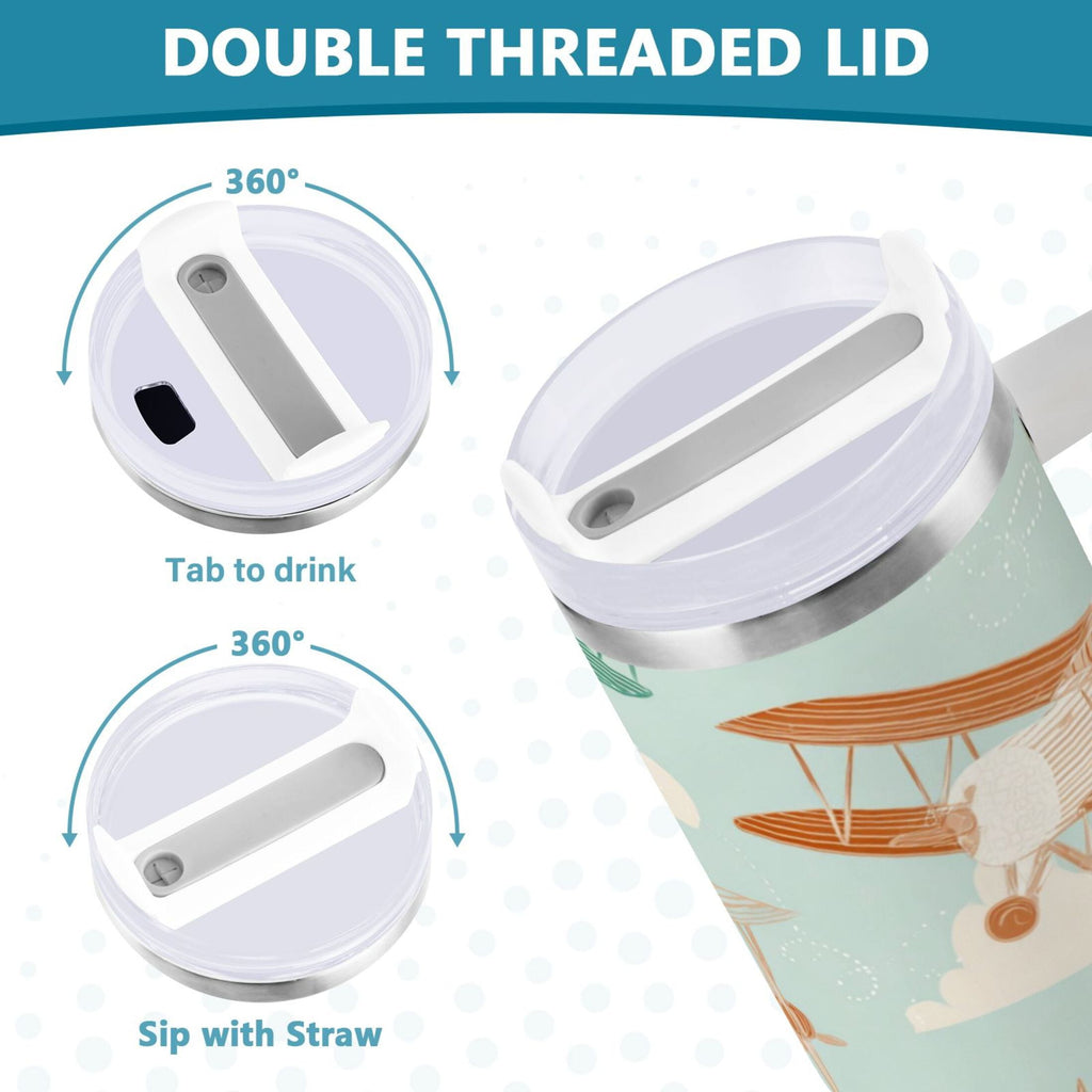 40 oz Insulated Stainless Steel Tumbler Double Wall Stainless Steel Tumbler with 2-Way Drinking Cute Airplanes M647B