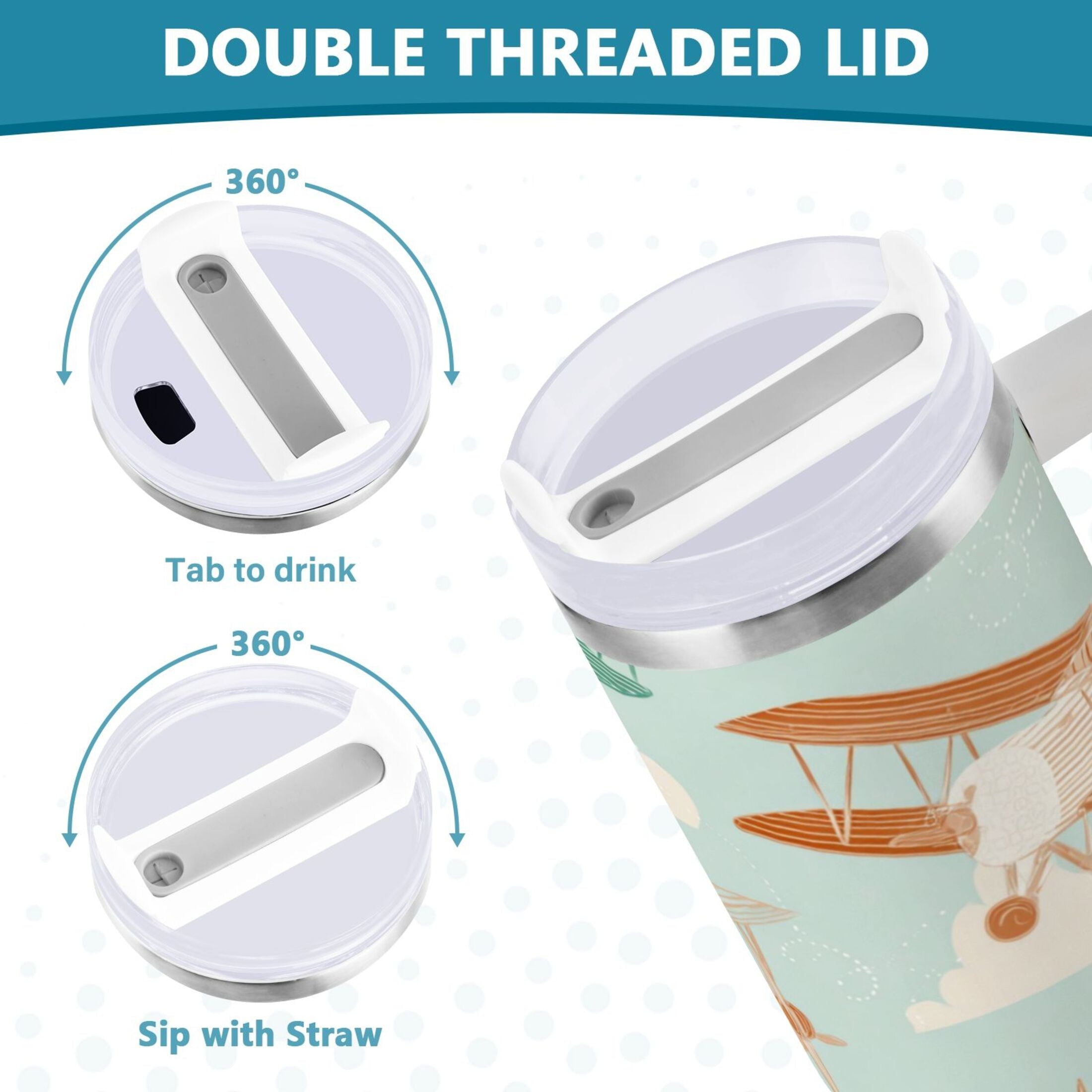 40 oz Insulated Stainless Steel Tumbler Double Wall Stainless Steel Tumbler with 2-Way Drinking Cute Airplanes M647B