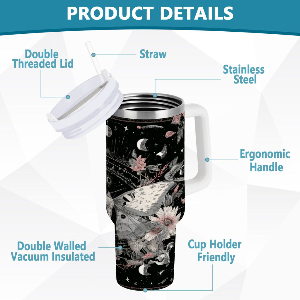 40 oz Insulated Stainless Steel Tumbler Double Wall Stainless Steel Tumbler with 2-Way Drinking Butterfly Surrounded by Flowers M640R