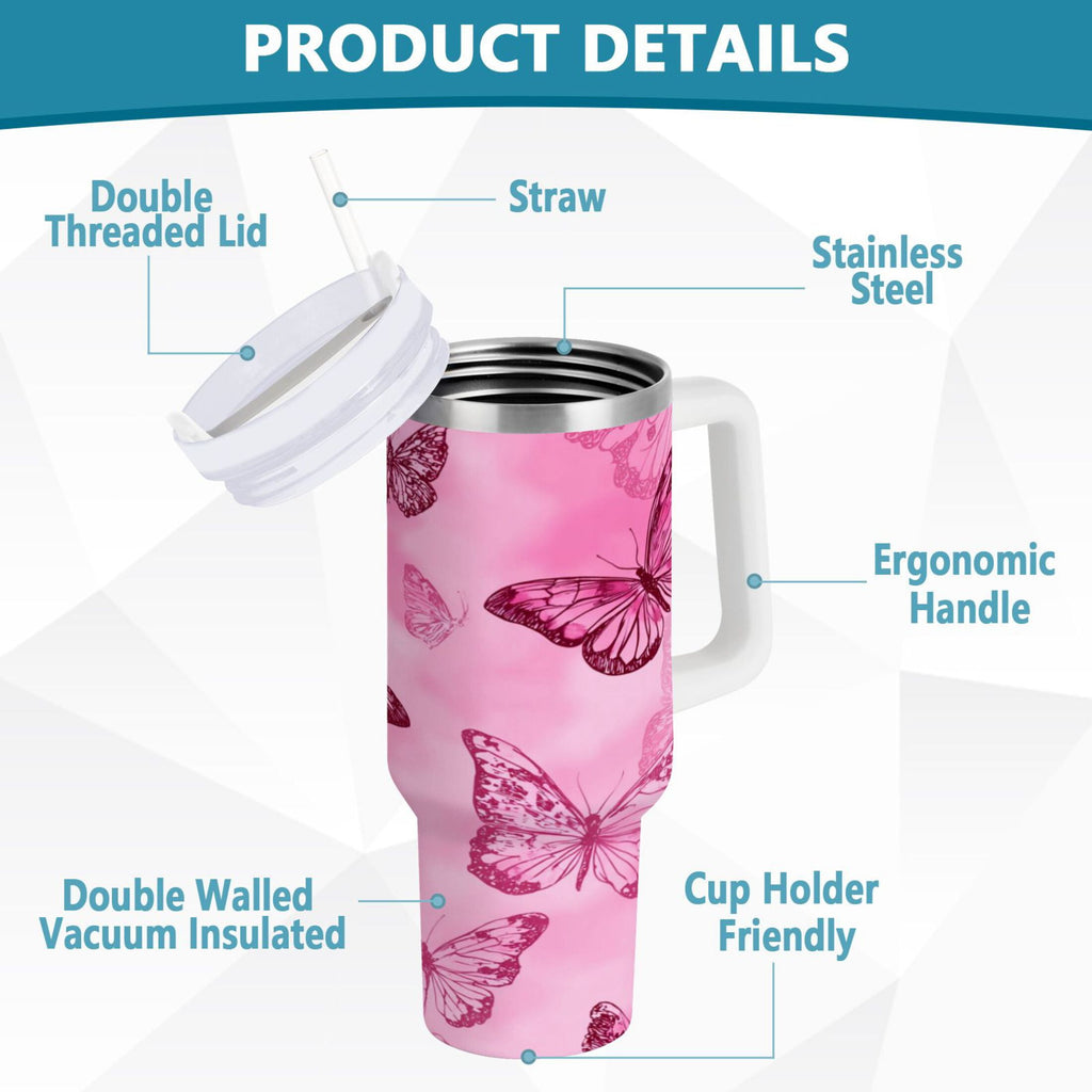 40 oz Insulated Stainless Steel Tumbler Double Wall Stainless Steel Tumbler with 2-Way Drinking Pink Butterfly Pattern M629A