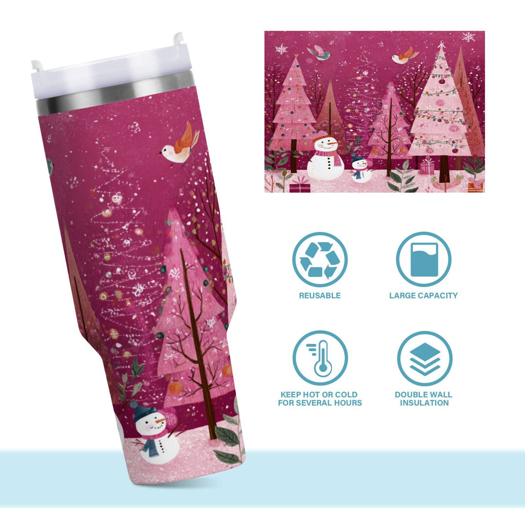 40 oz Insulated Stainless Steel Tumbler Double Wall Stainless Steel Tumbler with 2-Way Drinking Pink Christmas Forest M512A