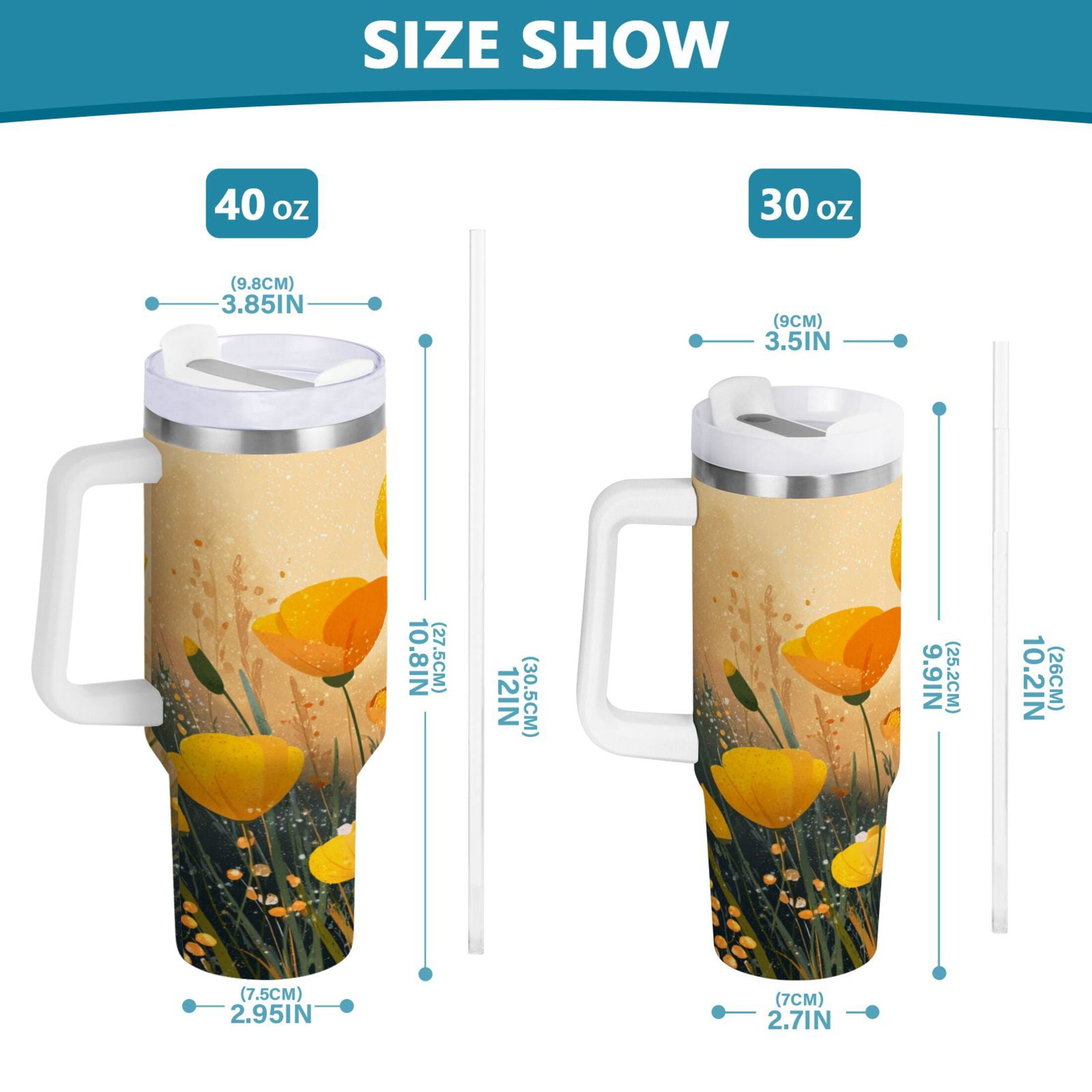 30 oz Insulated Stainless Steel Tumbler Double Wall Stainless Steel Tumbler with 2-Way Drinking Yellow Flowers on The Grass M594P