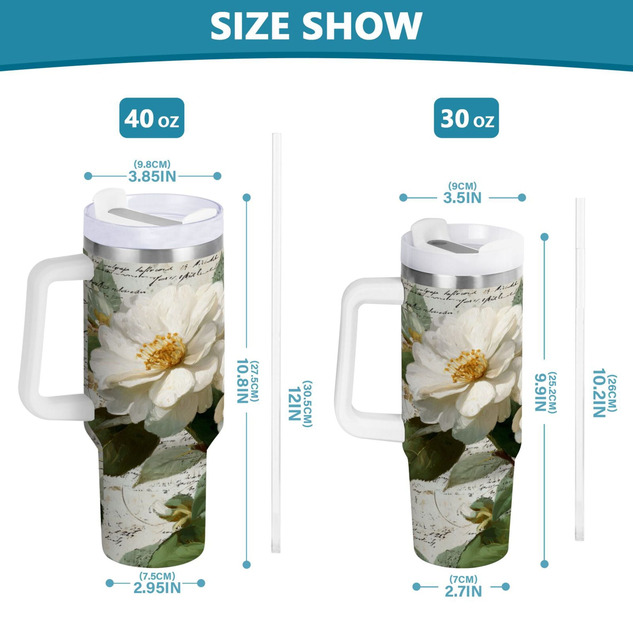 40 oz Insulated Stainless Steel Tumbler Double Wall Stainless Steel Tumbler with 2-Way Drinking Vintage White Camellias M622L