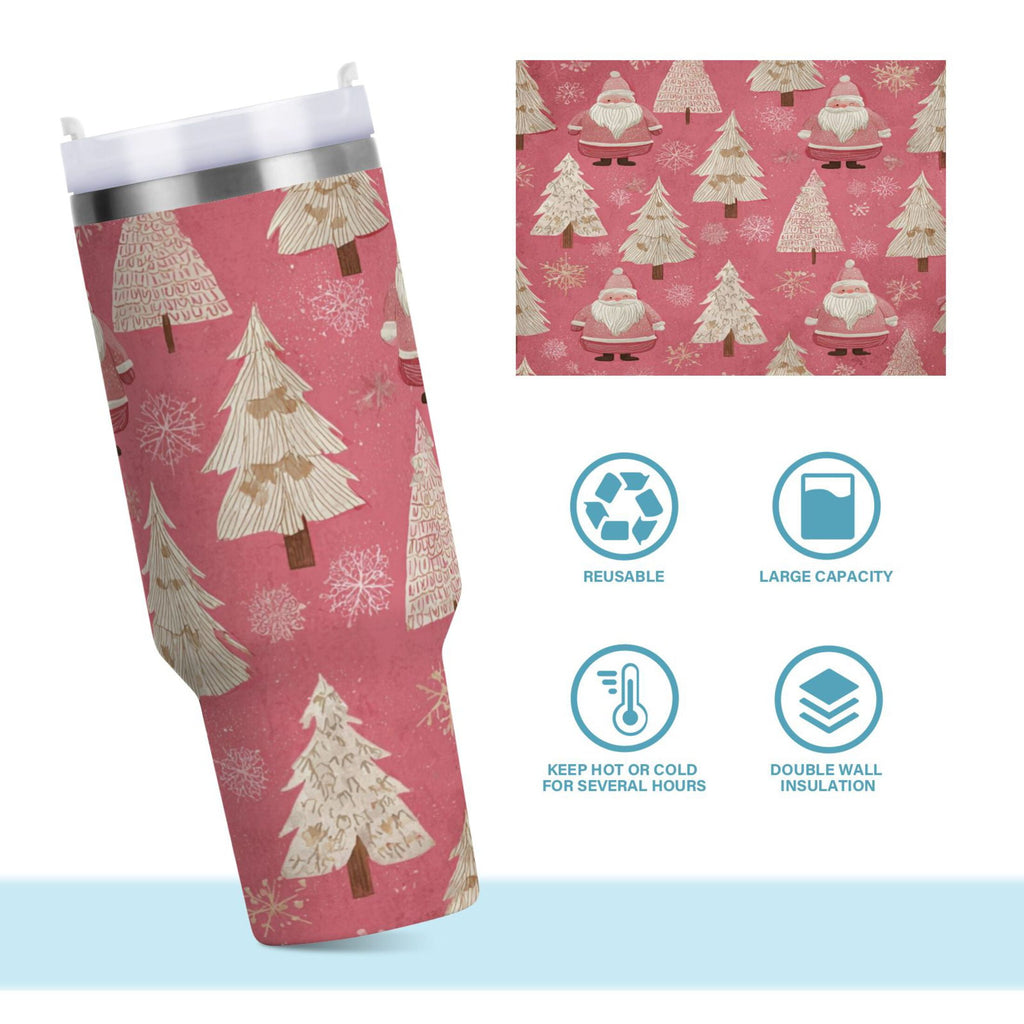 40 oz Insulated Stainless Steel Tumbler Double Wall Stainless Steel Tumbler with 2-Way Drinking Pink Santa Claus Pattern M527N