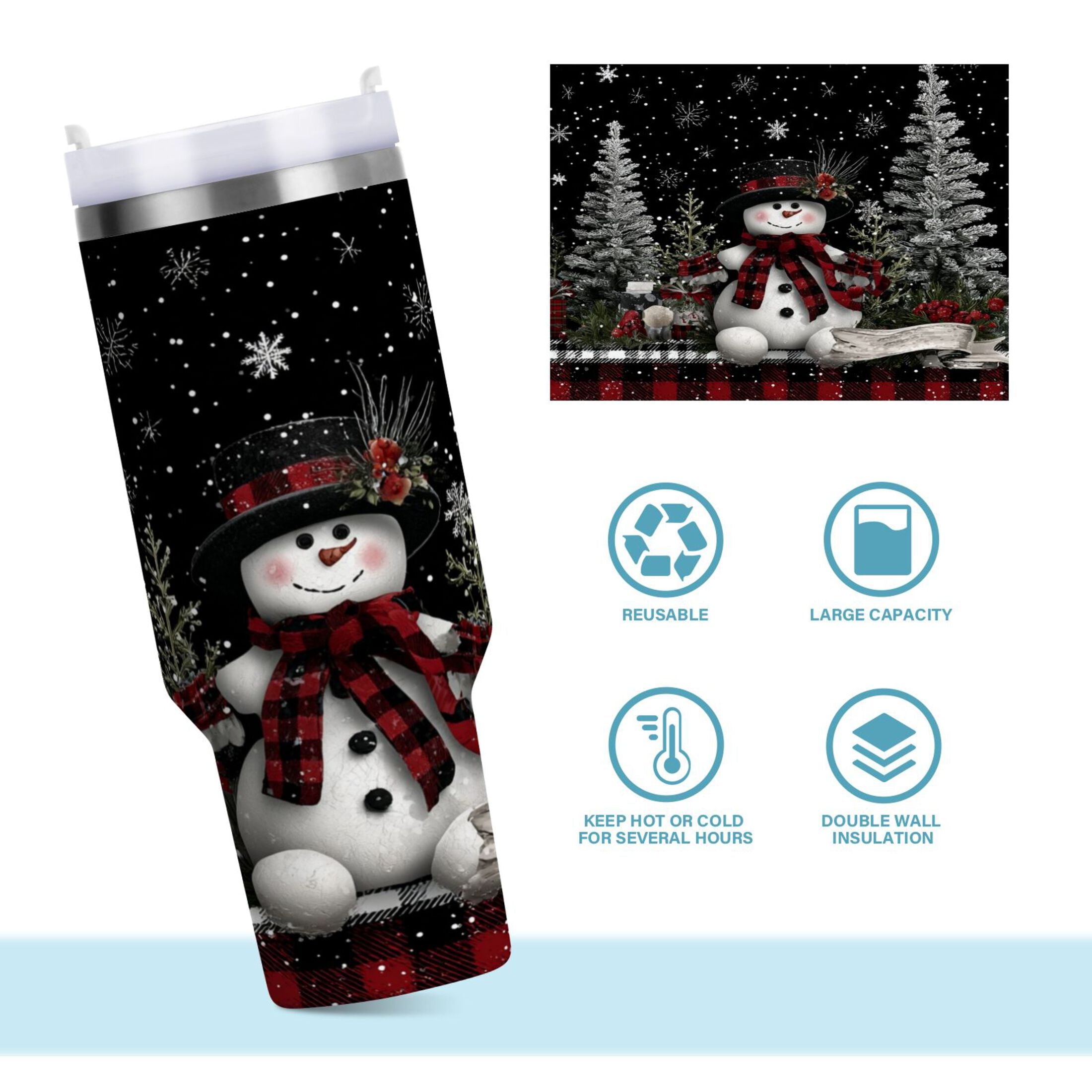 30 oz Insulated Stainless Steel Tumbler Double Wall Stainless Steel Tumbler with 2-Way Drinking Christmas Snowman M583C