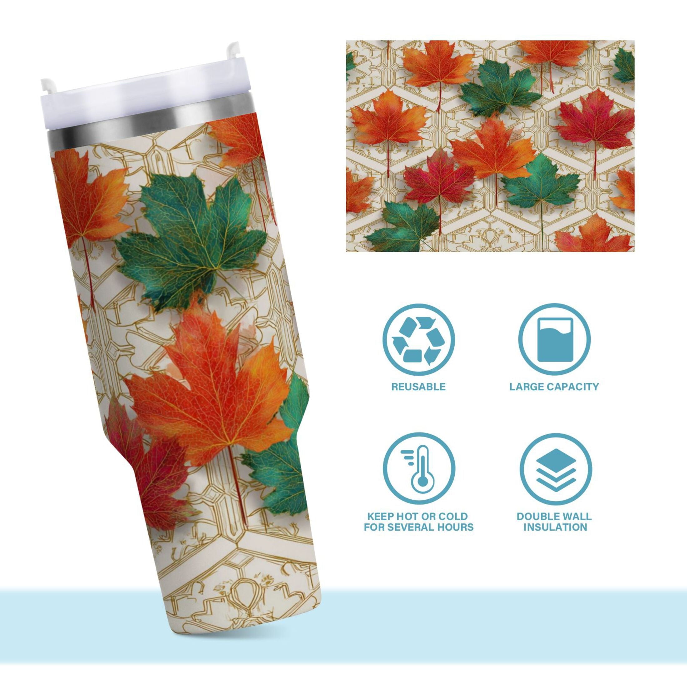 30 oz Insulated Stainless Steel Tumbler Double Wall Stainless Steel Tumbler with 2-Way Drinking Green and Red Maple Leaves M565P