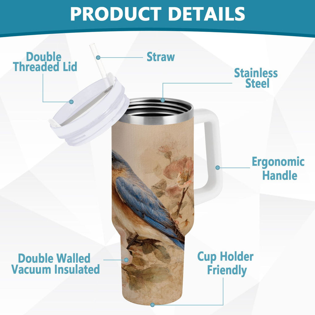40 oz Insulated Stainless Steel Tumbler Double Wall Stainless Steel Tumbler with 2-Way Drinking Bluebird and Ancient Flowers M574N
