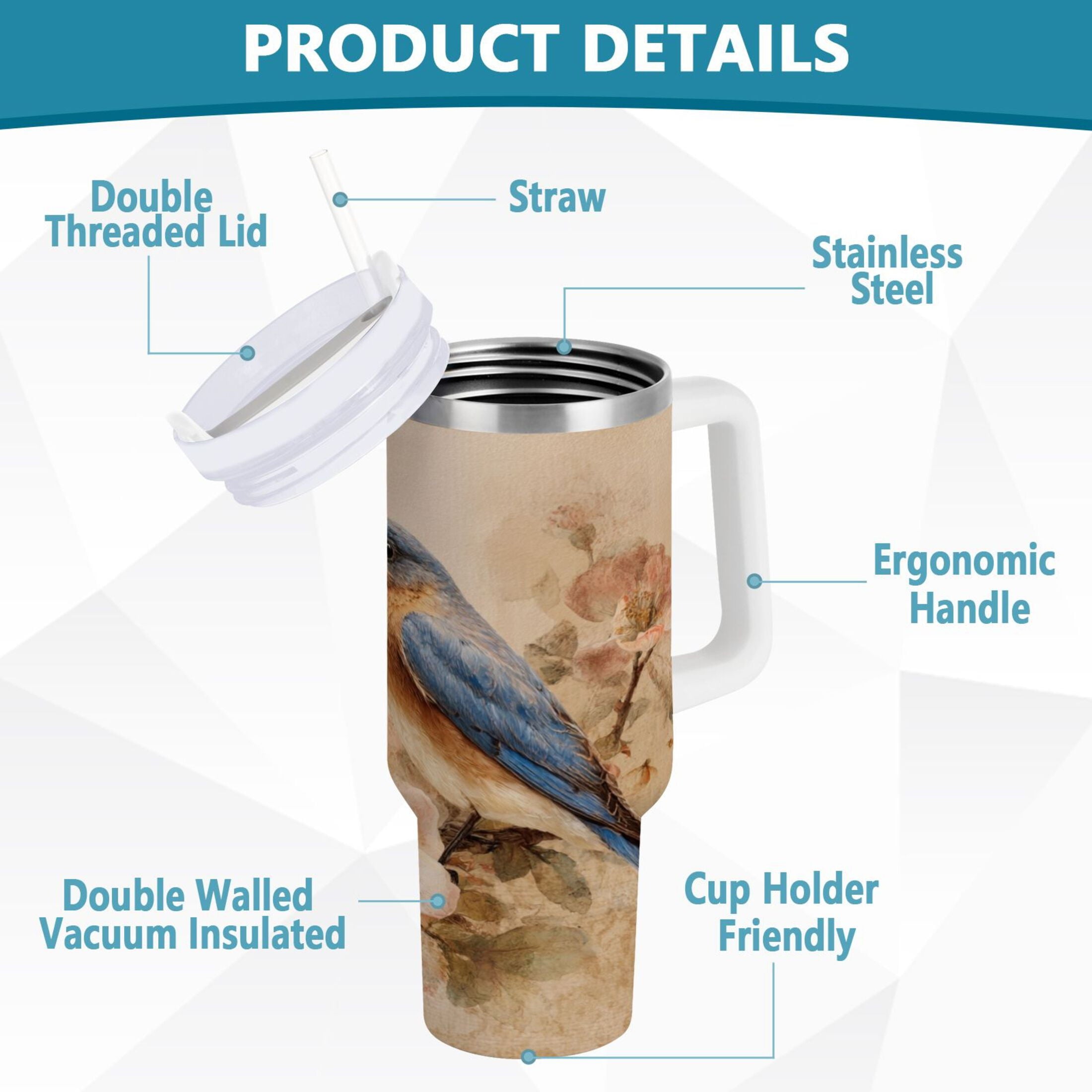 40 oz Insulated Stainless Steel Tumbler Double Wall Stainless Steel Tumbler with 2-Way Drinking Bluebird and Ancient Flowers M574N